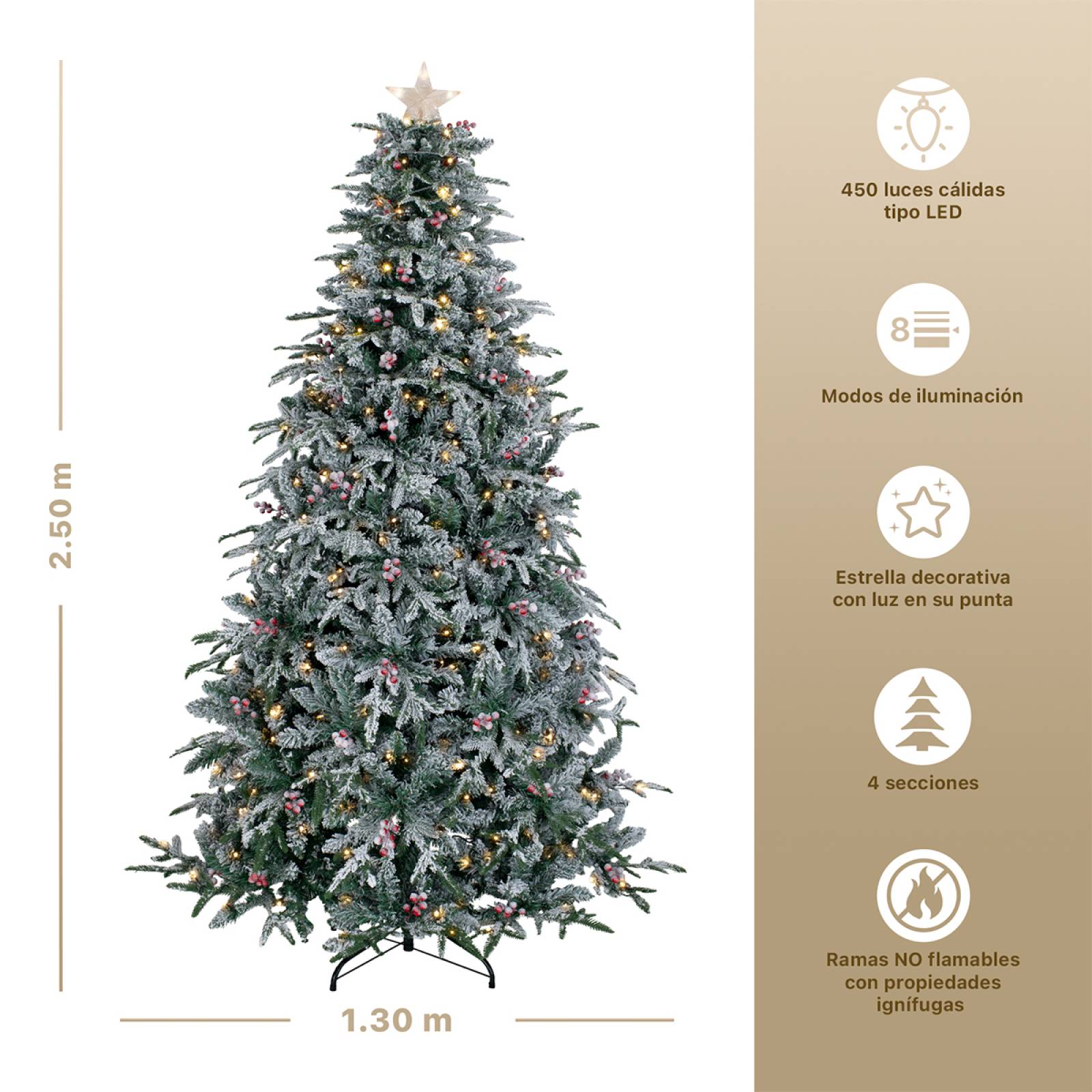 Árbol de Navidad Nevado Luces Led Bayas+ Estrella 2.5m Verde para ESQUIMAL