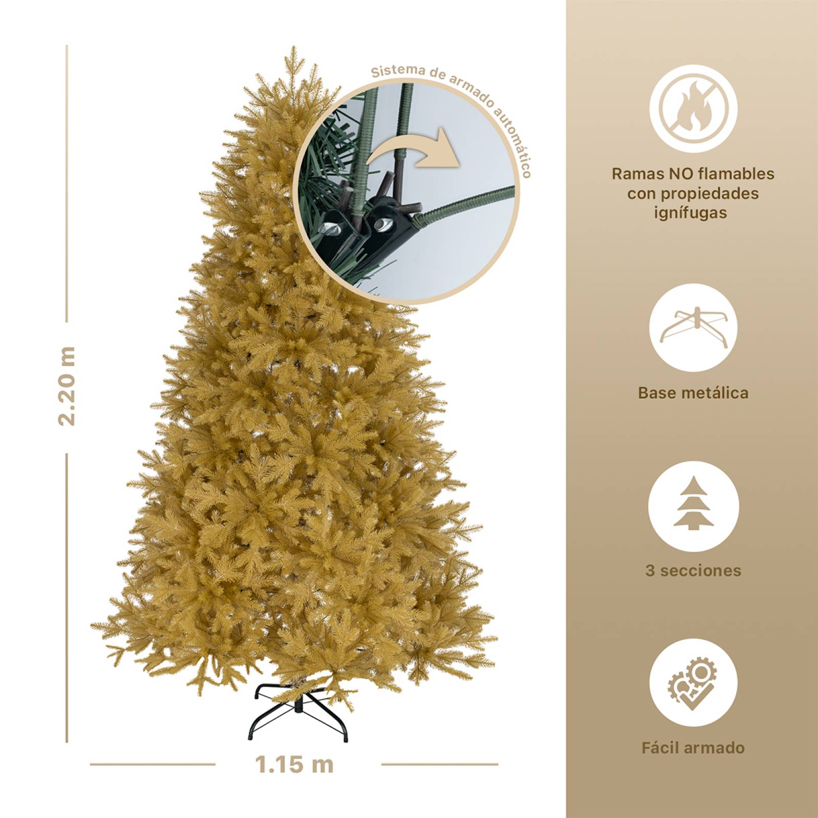 Árbol de Navidad Dorado Pino Navideño 2.2m 900 Ramas - Dorado para ESQUIMAL