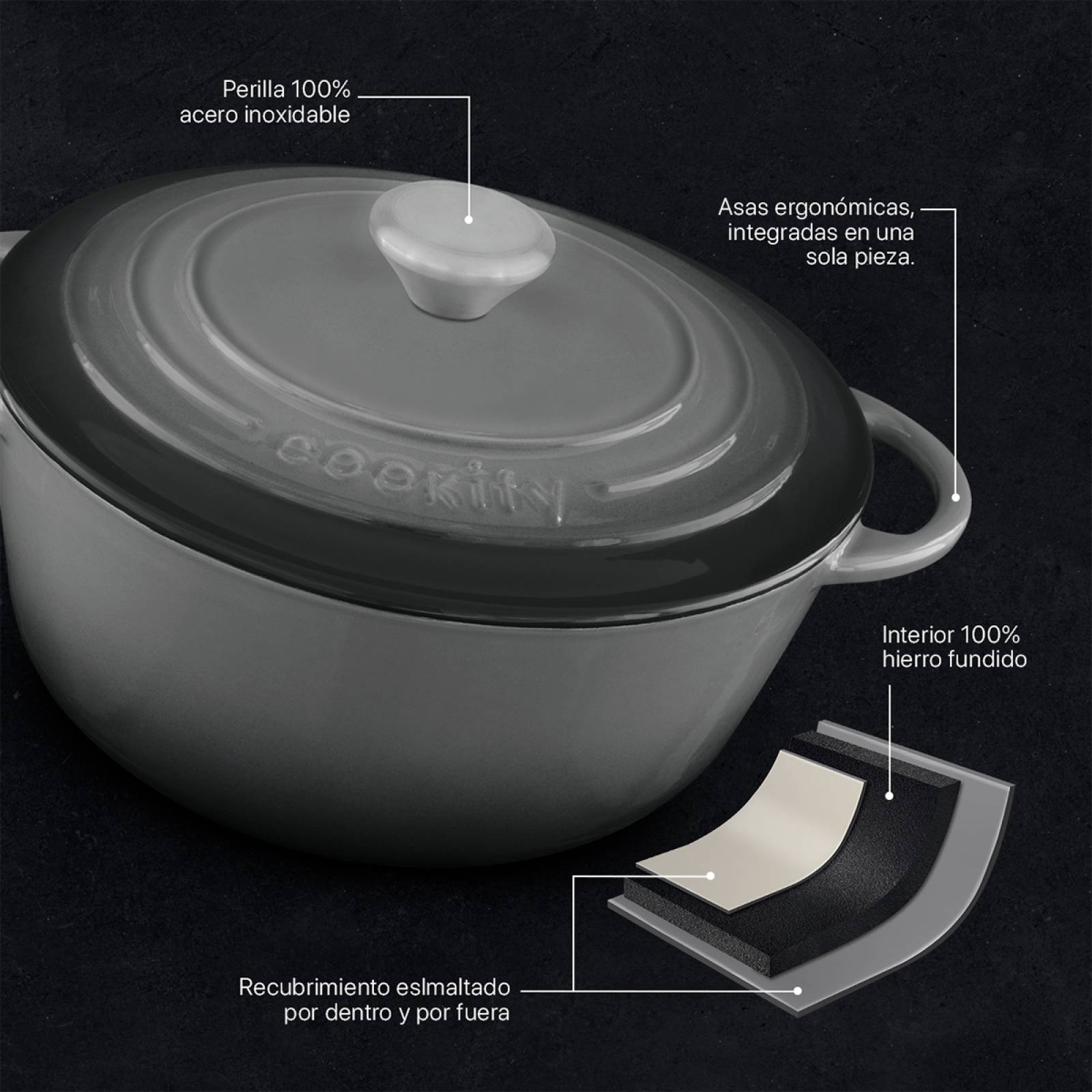 Horno Holandés Olla De Hierro Fundido Con Esmaltado 4 Lts Gris Cookify