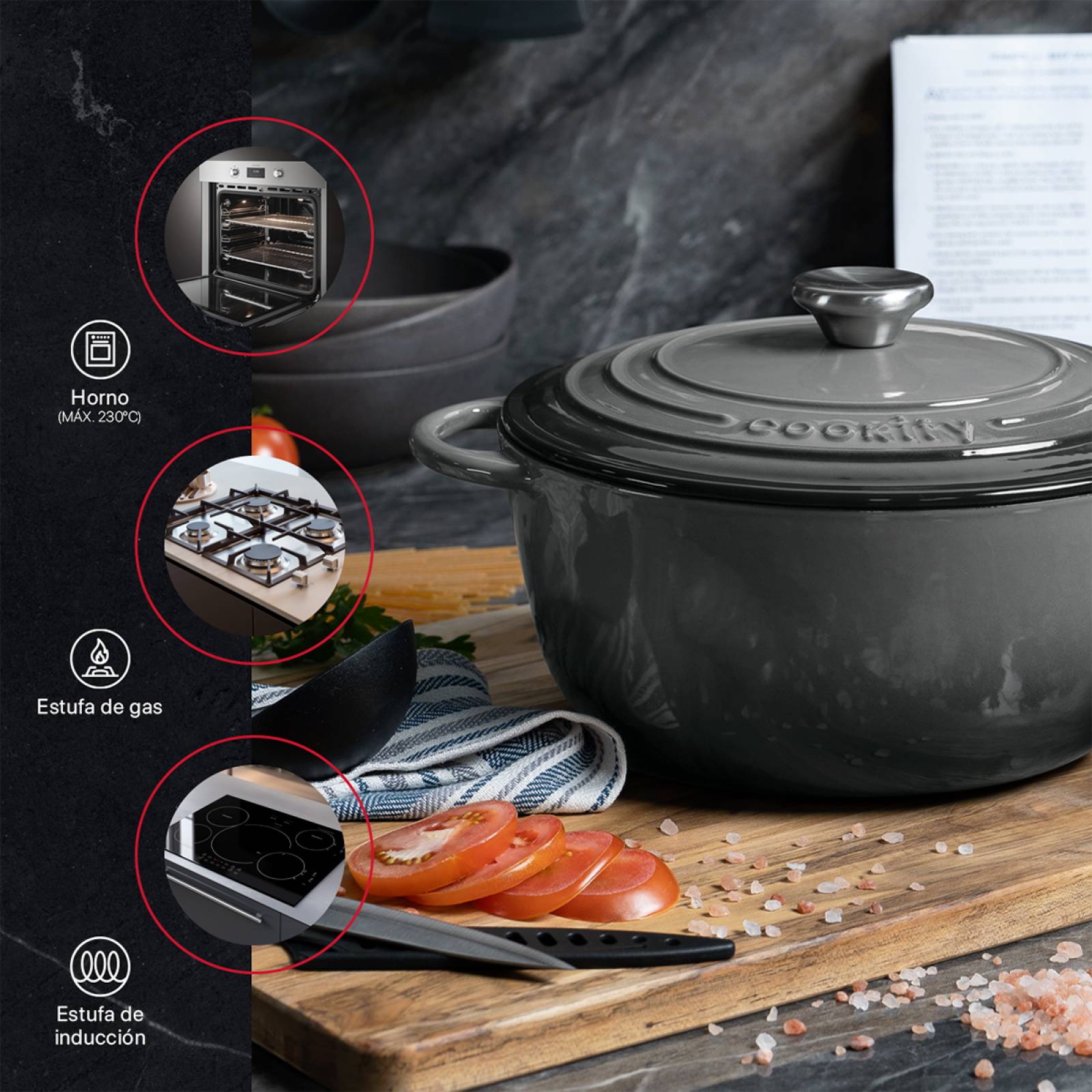 Horno Holandés Olla De Hierro Fundido Con Esmaltado 4 Lts Gris Cookify