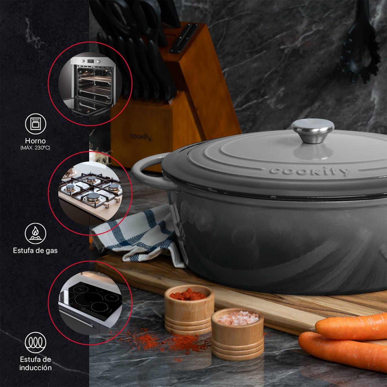 Horno Holandés Olla De Hierro Fundido Con Esmaltado 7 Lts Gris Cookify