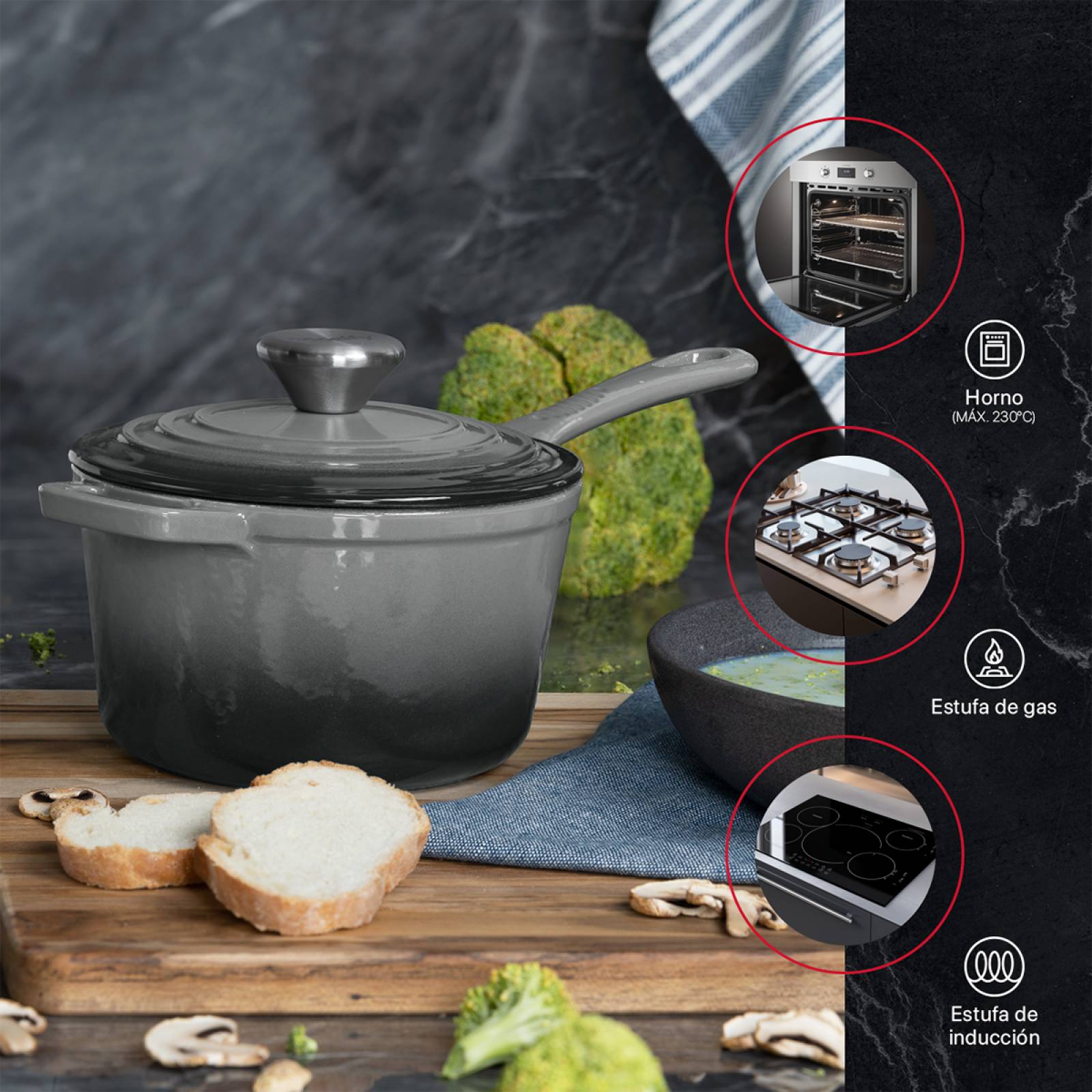 Olla de Hierro Fundido Esmaltado con Tapa 1.5 Lts Gris Cookify