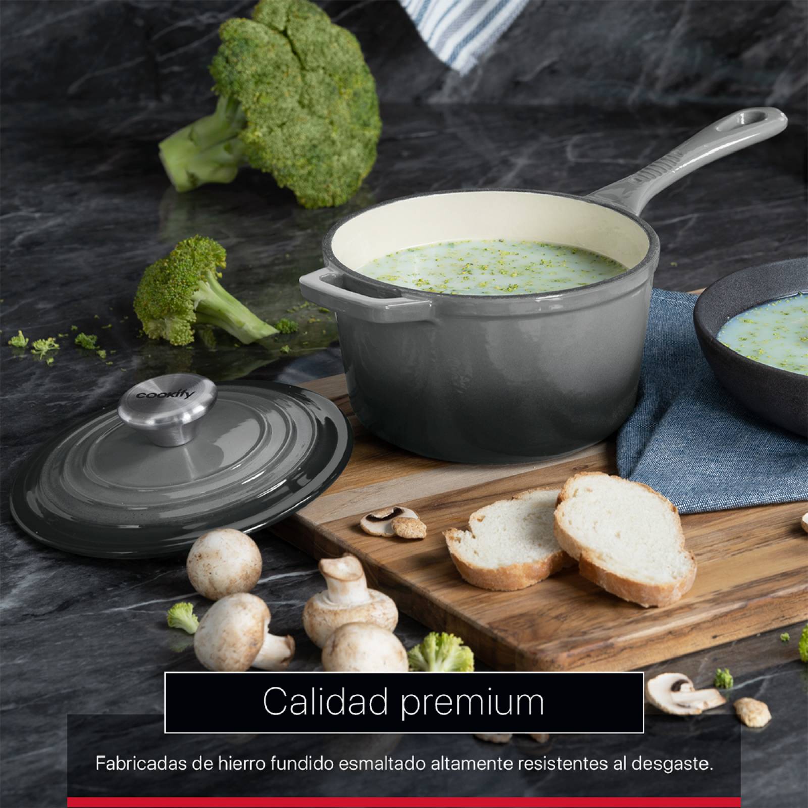 Olla de Hierro Fundido Esmaltado con Tapa 1.5 Lts Gris Cookify