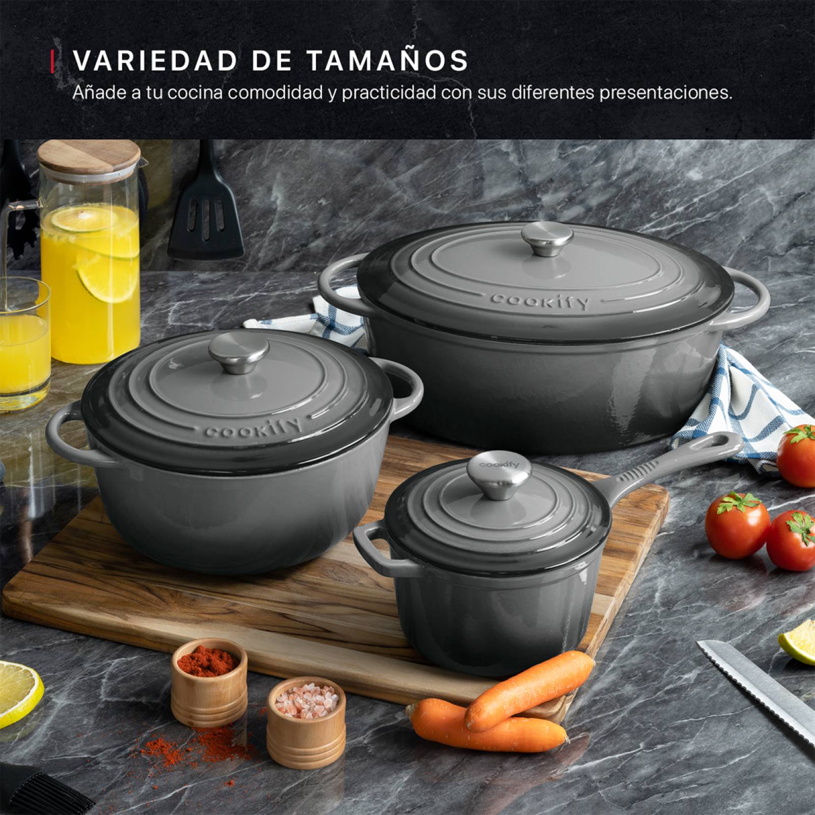 Olla de Hierro Fundido Esmaltado con Tapa 1.5 Lts Gris Cookify