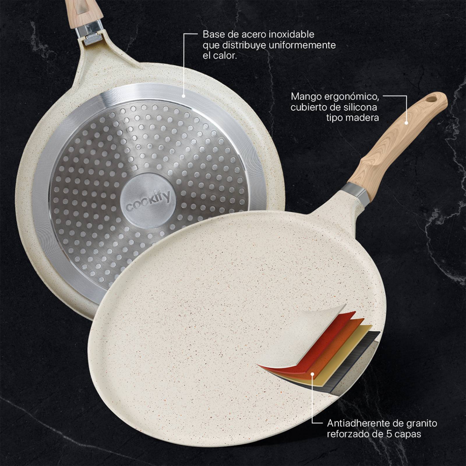 Sartén Crepera Comal de Mármol Antiadherente 32 cm Beige Cookify.