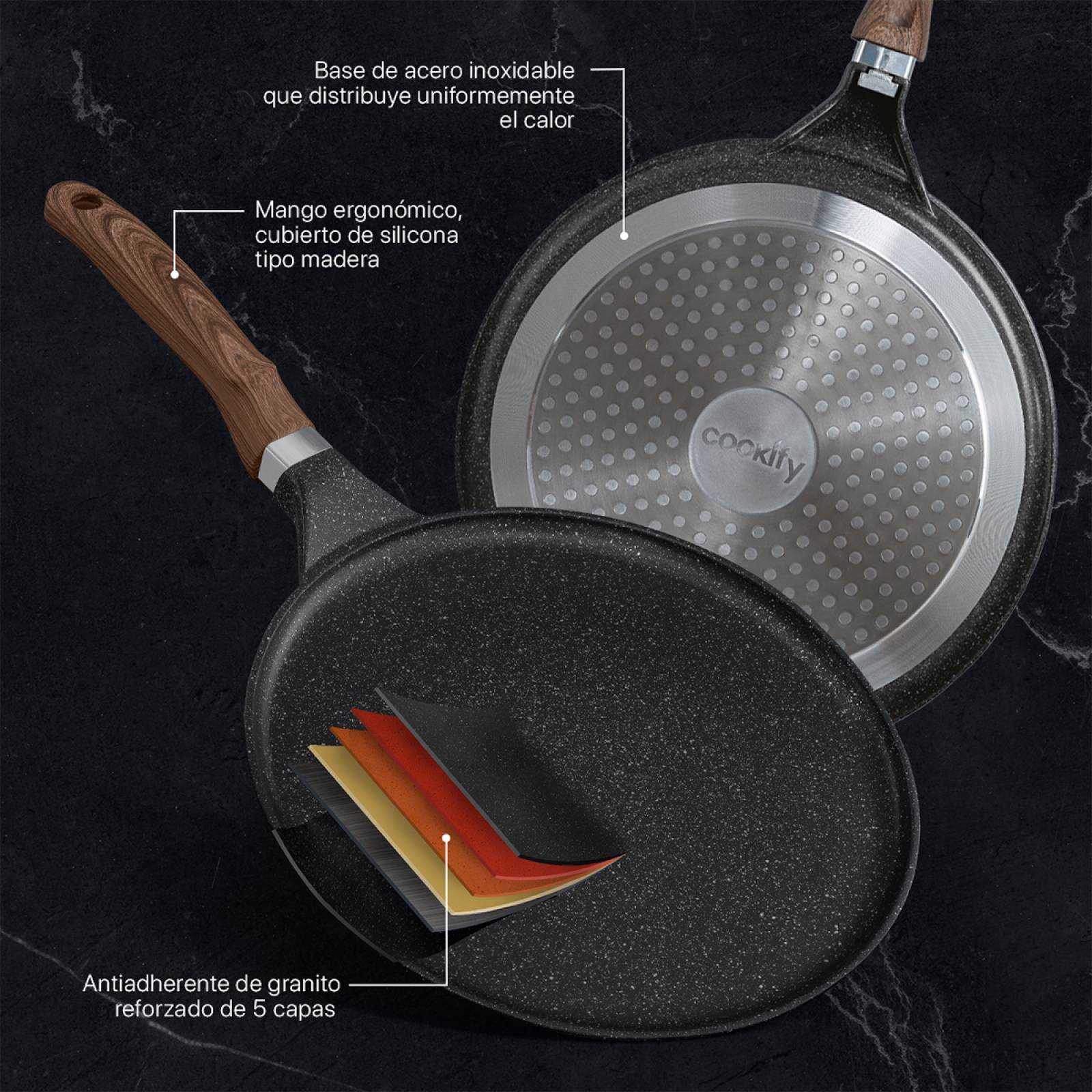 Sartén Crepera Comal De Mármol Con Antiadherente 32 cm Negro Cookify