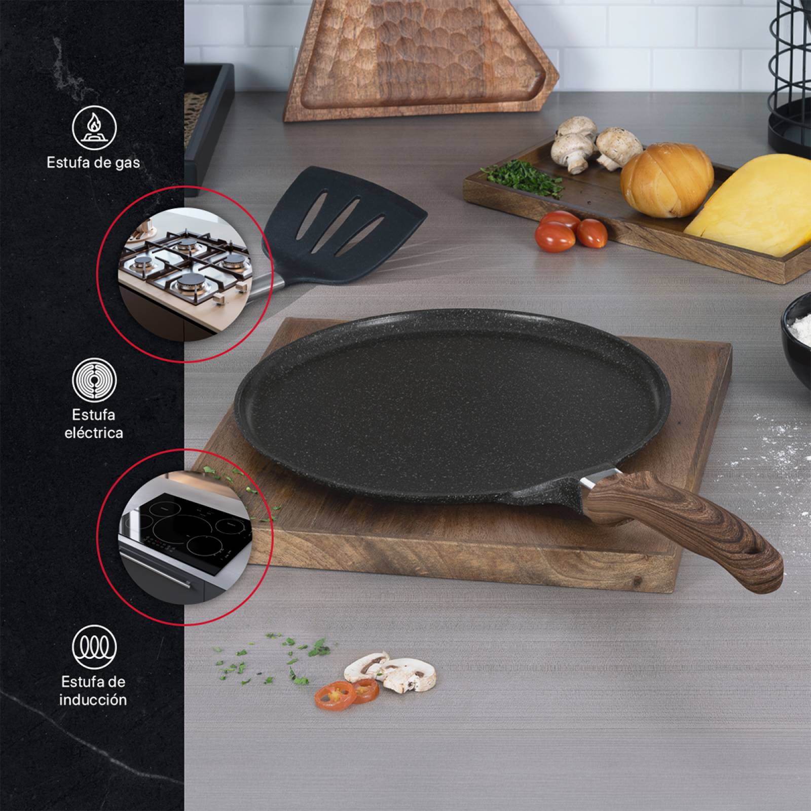 Sartén Crepera Comal De Mármol Con Antiadherente 32 cm Negro Cookify