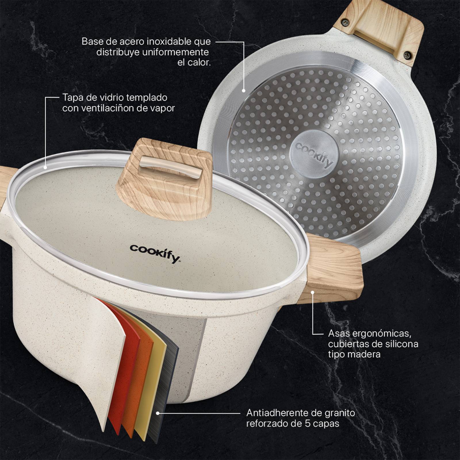 Olla Cacerola Antiadherente Con Tapa 24 cm De Mármol Beige Cookify.