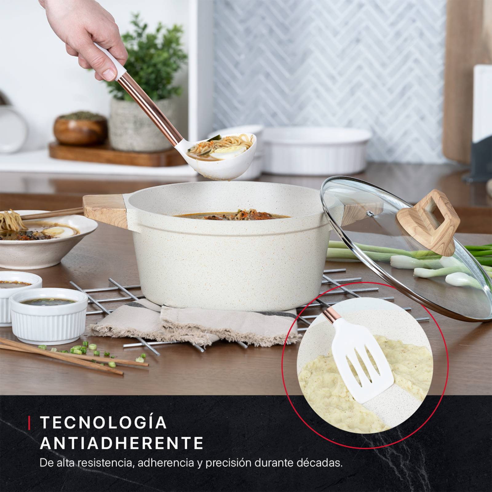 Olla Cacerola Antiadherente Con Tapa 24 cm De Mármol Beige Cookify.