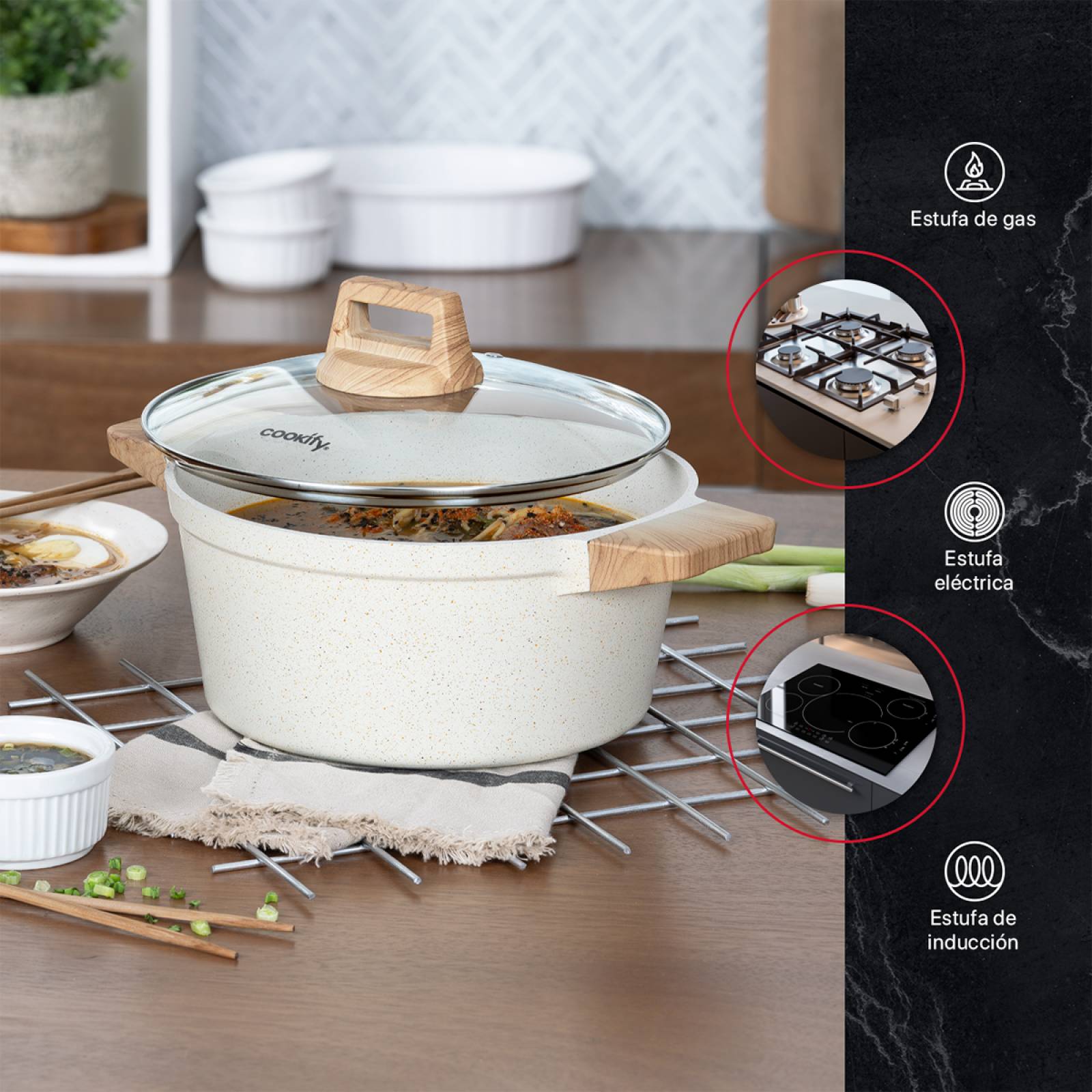 Olla Cacerola Antiadherente Con Tapa 24 cm De Mármol Beige Cookify.