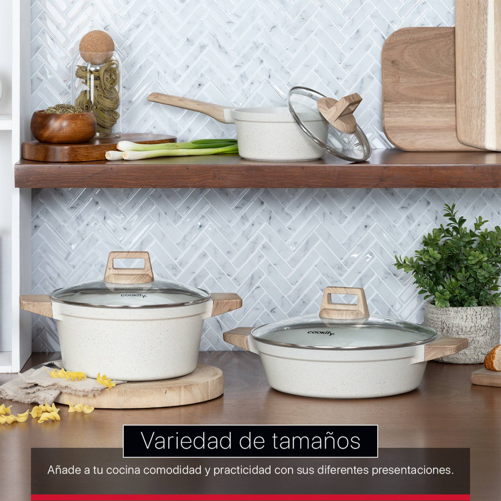 Olla Cacerola Antiadherente Con Tapa 24 cm De Mármol Beige Cookify.