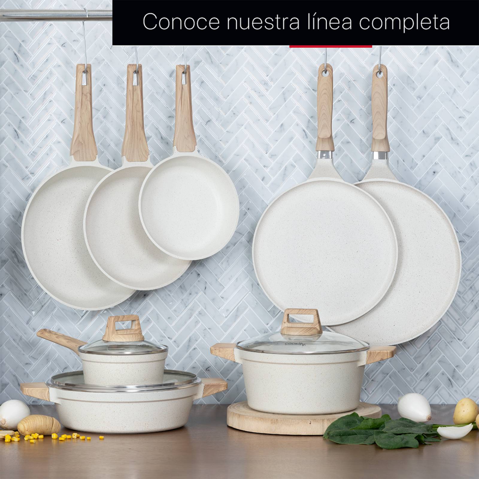 Olla Cacerola Antiadherente Con Tapa 24 cm De Mármol Beige Cookify.