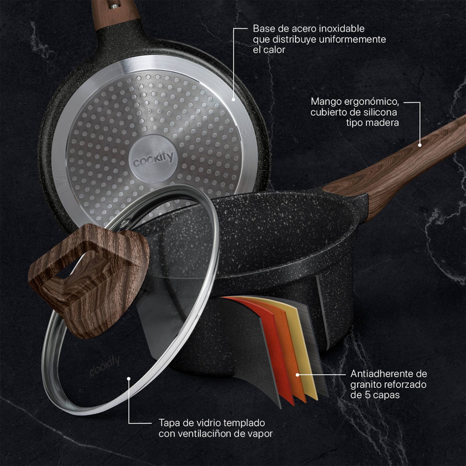 Olla Cacerola Antiadherente Con Tapa 16 cm Mármol Negro Cookify