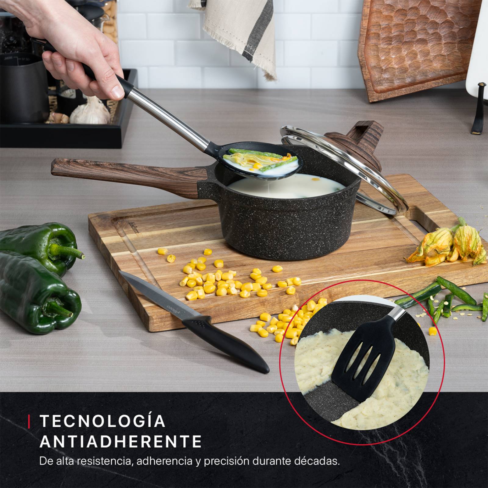 Olla Cacerola Antiadherente Con Tapa 16 cm Mármol Negro Cookify