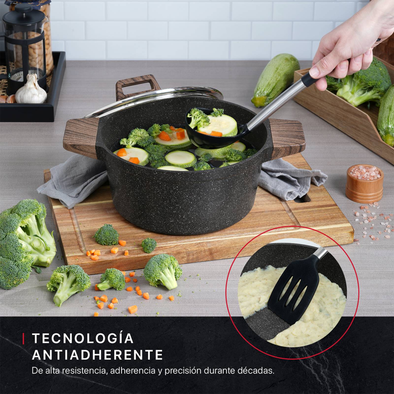 Olla Cacerola Antiadherente Con Tapa 24 cm Mármol Negro Cookify