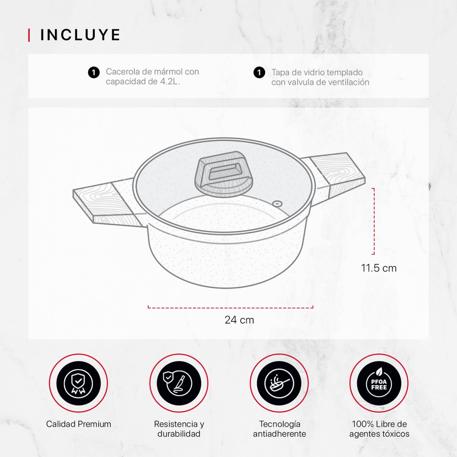 Olla Cacerola Antiadherente Con Tapa 24 cm Mármol Negro Cookify