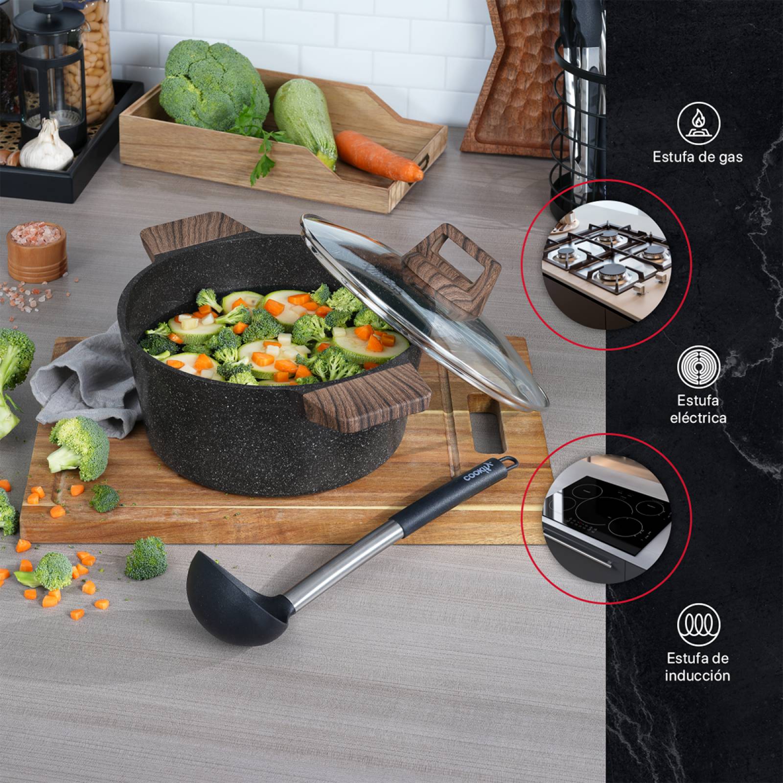 Olla Cacerola Antiadherente Con Tapa 24 cm Mármol Negro Cookify