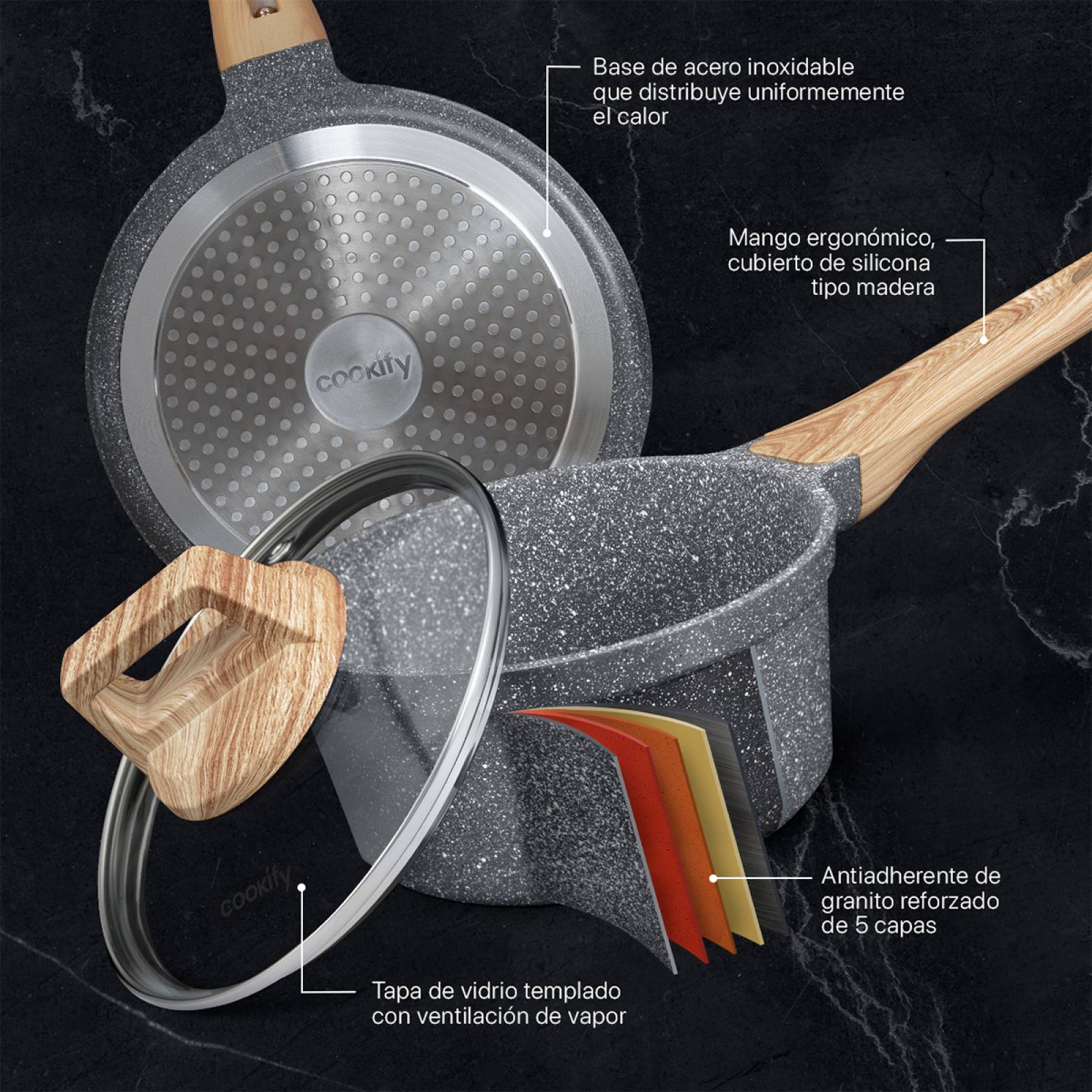 Olla Cacerola Antiadherente Con Tapa 16 cm de Mármol Gris Cookify