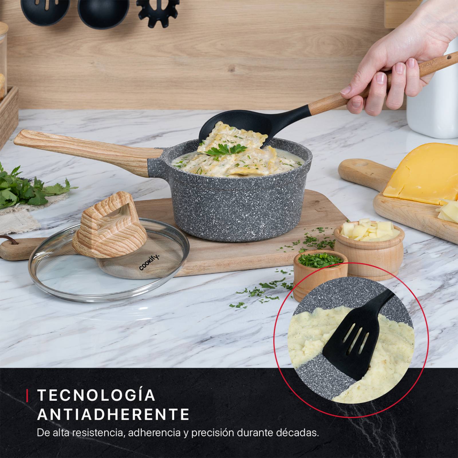 Olla Cacerola Antiadherente Con Tapa 16 cm de Mármol Gris Cookify