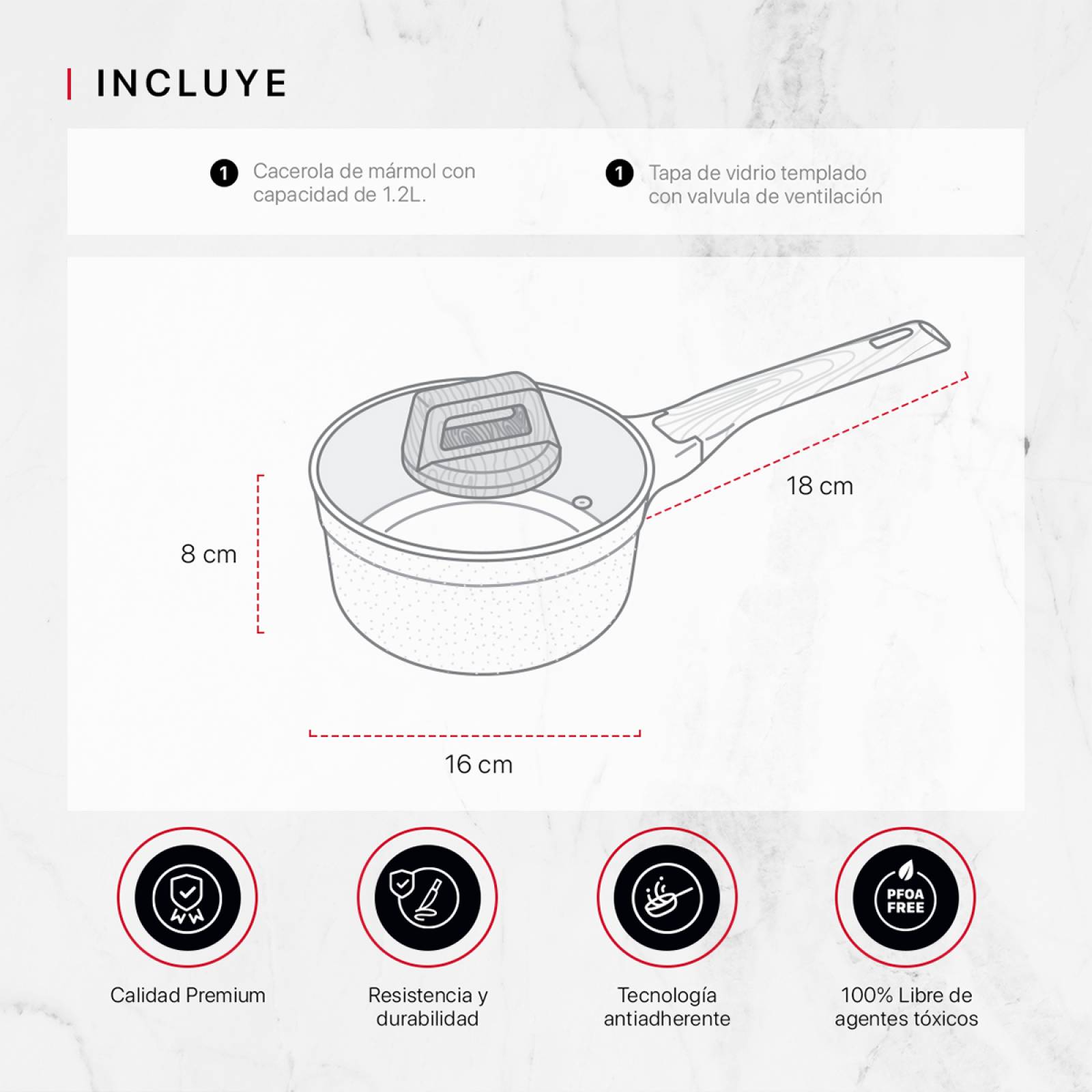 Olla Cacerola Antiadherente Con Tapa 16 cm de Mármol Gris Cookify