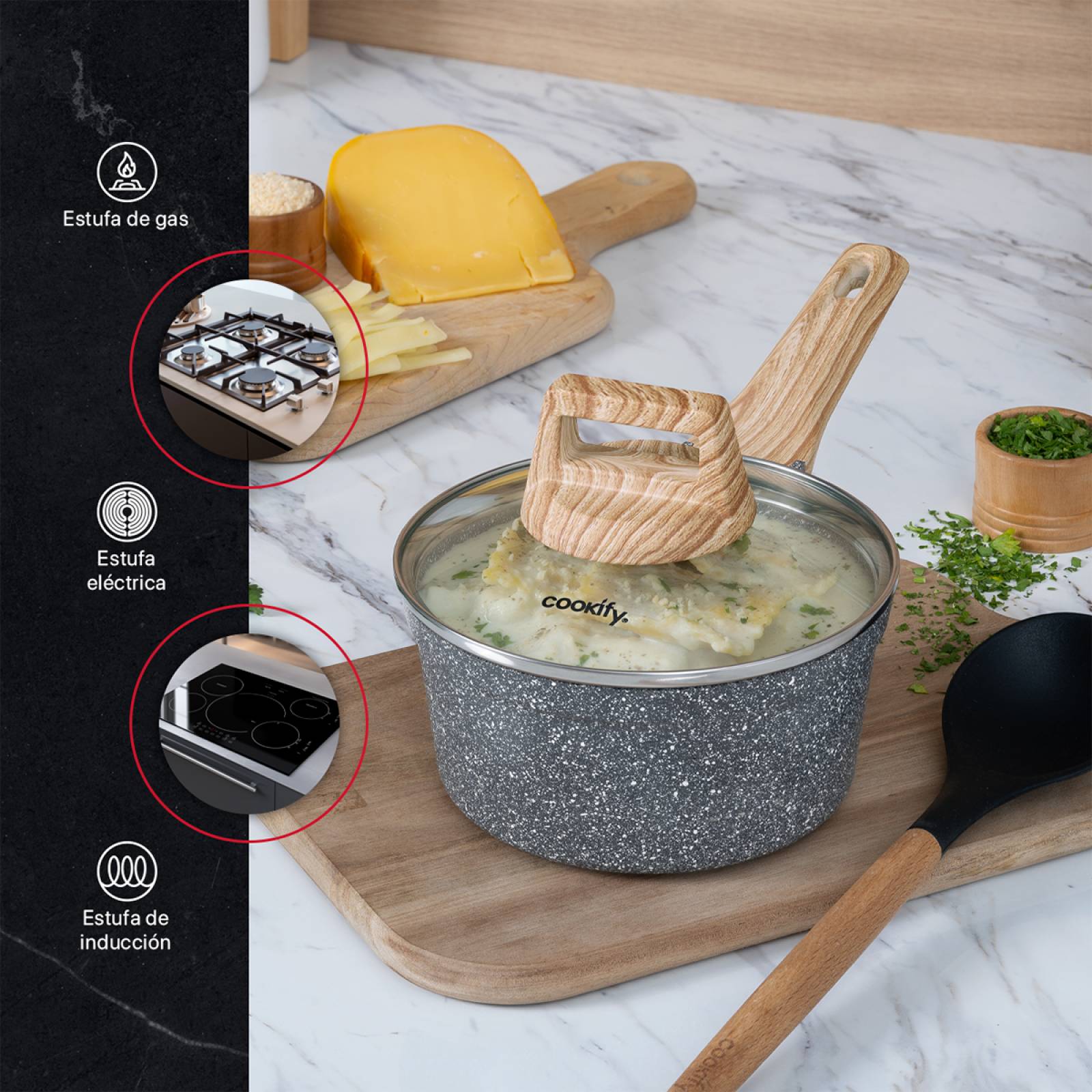 Olla Cacerola Antiadherente Con Tapa 16 cm de Mármol Gris Cookify