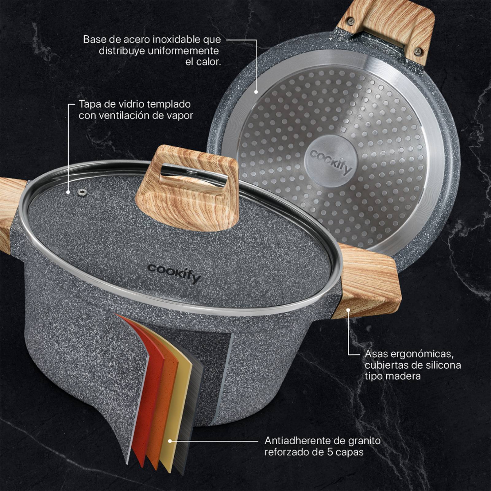 Olla Cacerola Antiadherente Con Tapa 24 cm Mármol Gris Cookify