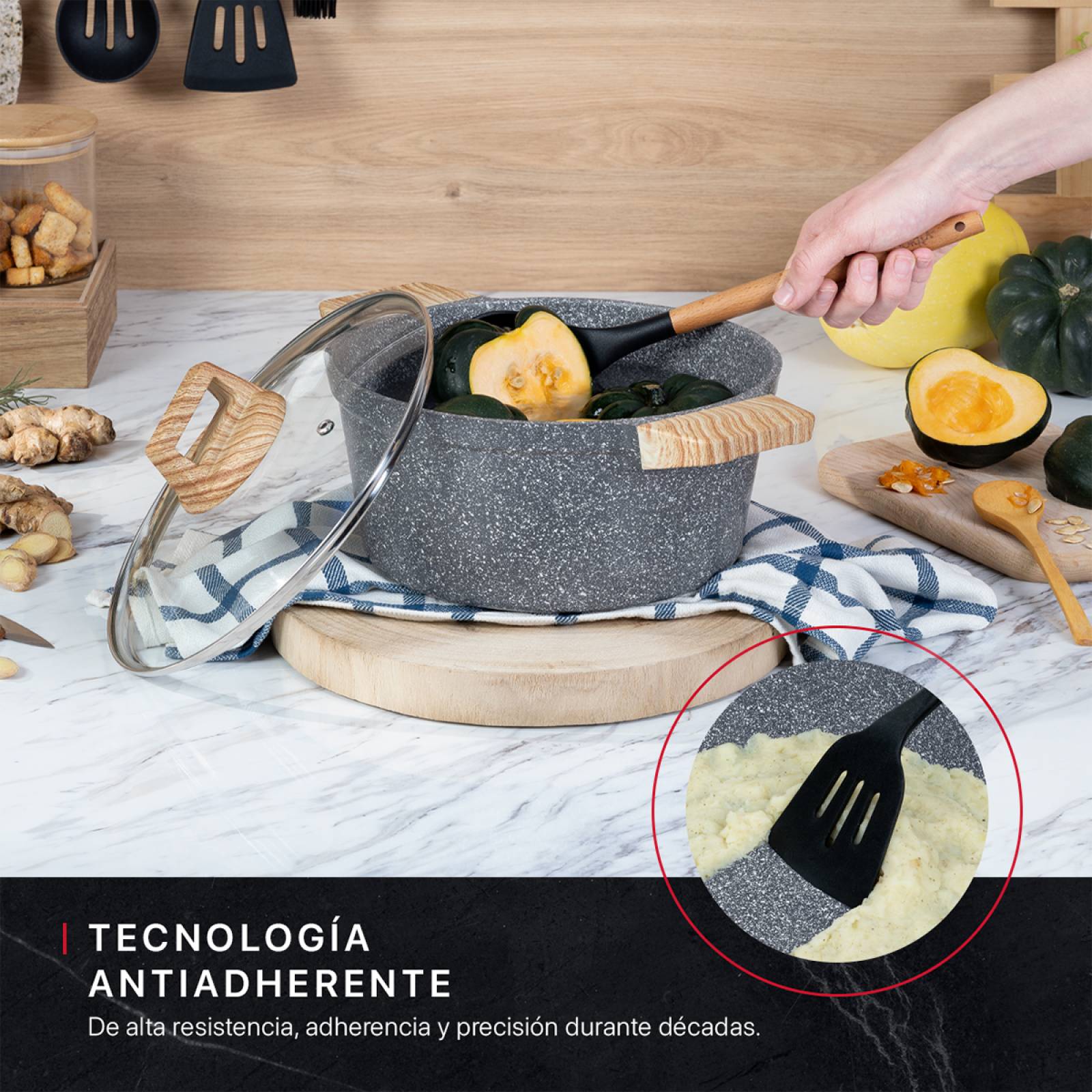 Olla Cacerola Antiadherente Con Tapa 24 cm Mármol Gris Cookify