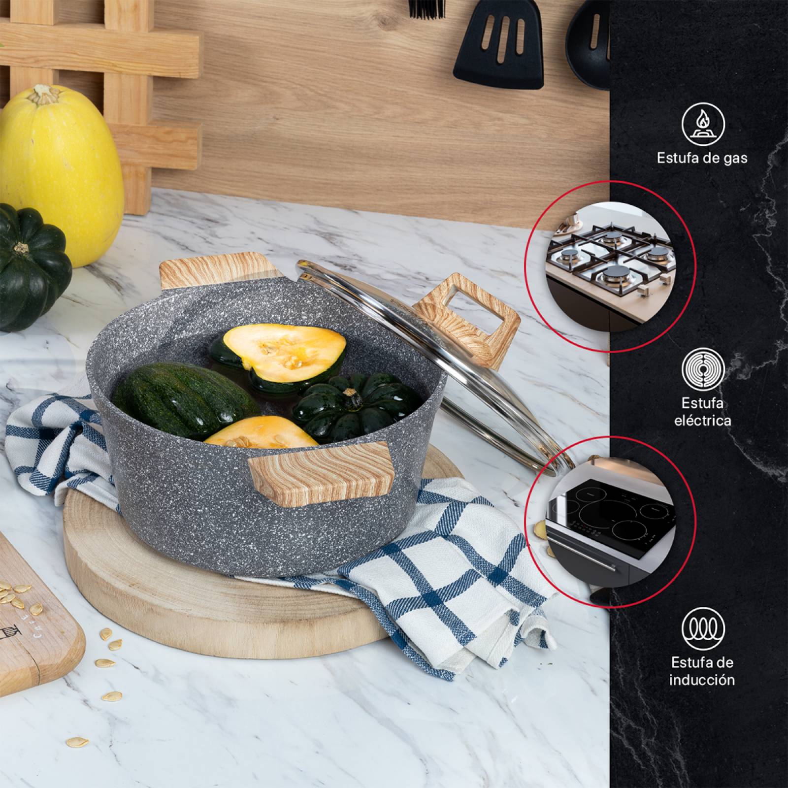 Olla Cacerola Antiadherente Con Tapa 24 cm Mármol Gris Cookify