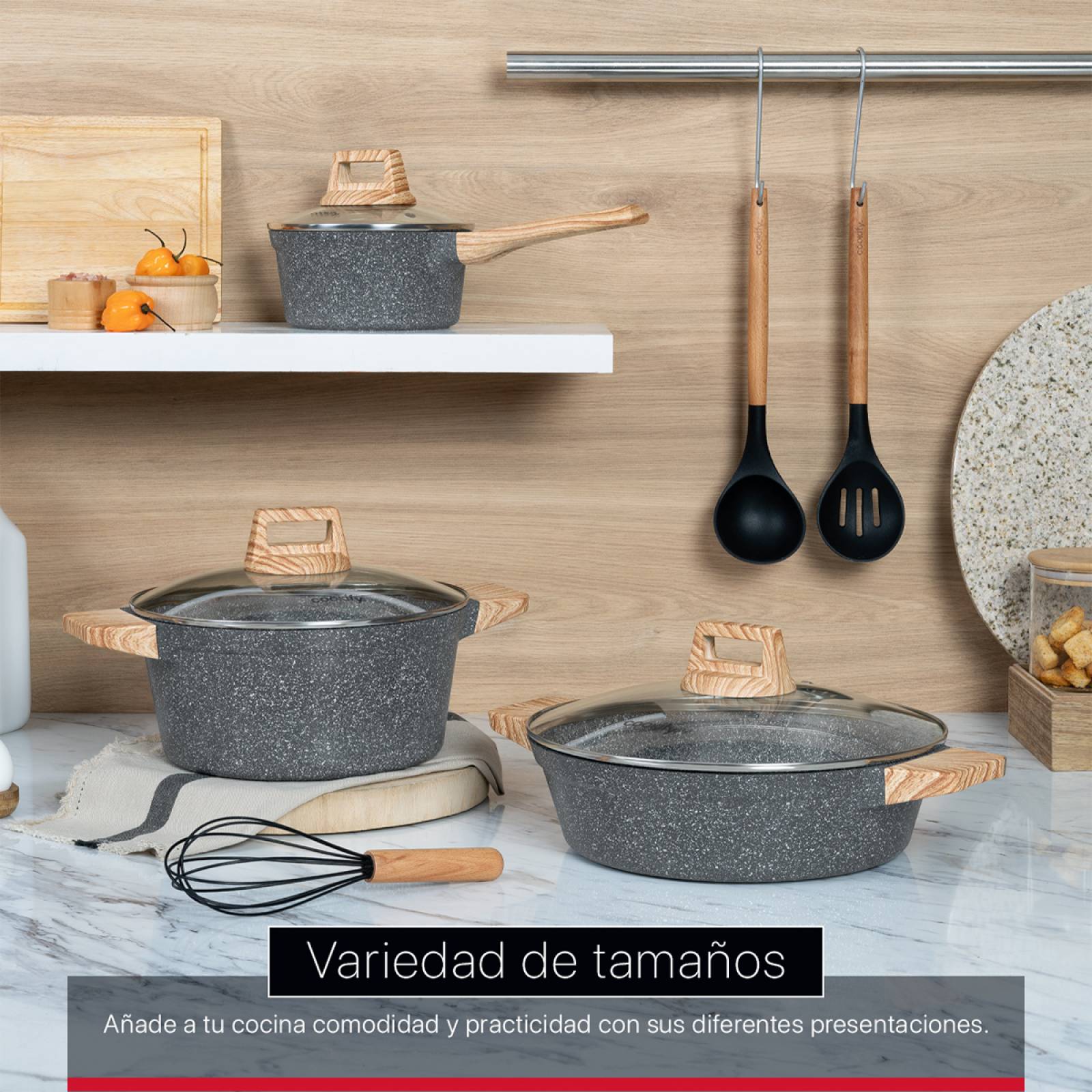 Olla Cacerola Antiadherente Con Tapa 24 cm Mármol Gris Cookify