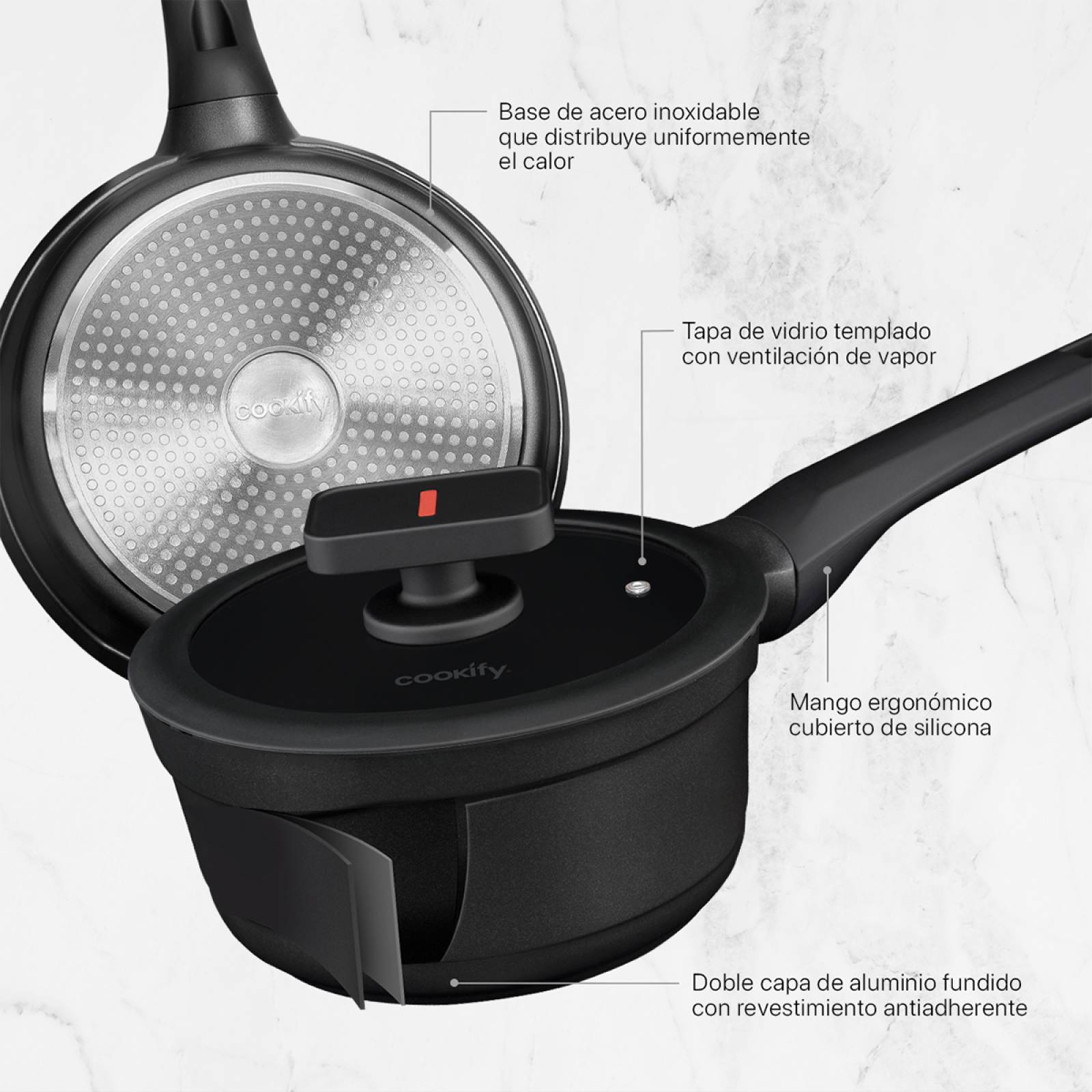 Olla Cacerola Antiadherente Con Tapa 16 cm de Aluminio Fundido Negro Cookify