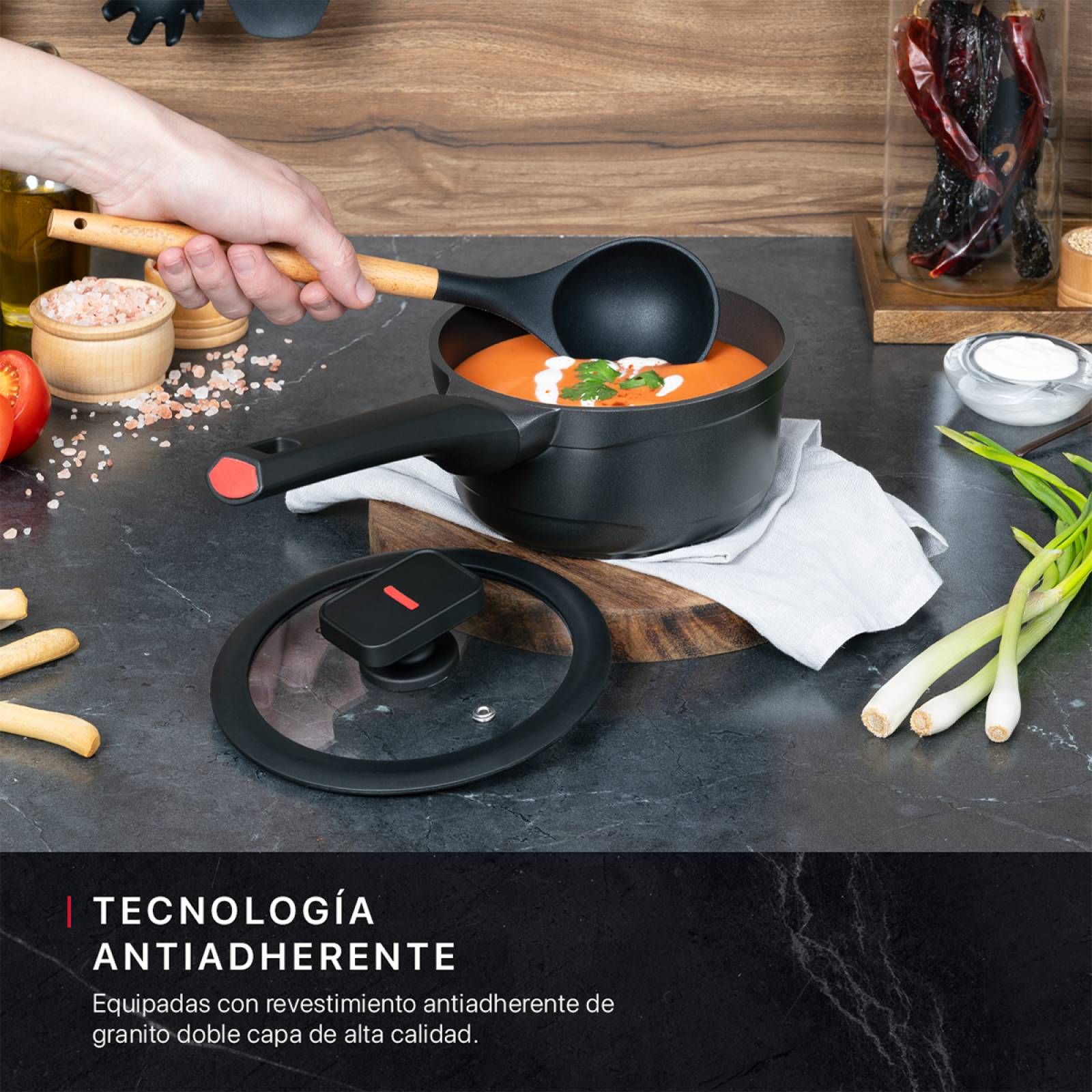 Olla Cacerola Antiadherente Con Tapa 16 cm de Aluminio Fundido Negro Cookify