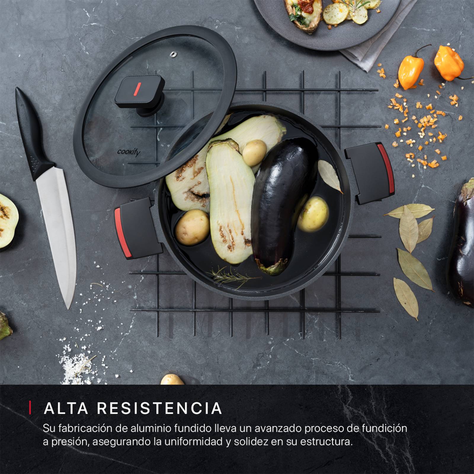 Olla Cacerola Antiadherente Con Tapa 24 cm Aluminio Fundido Negro Cookify