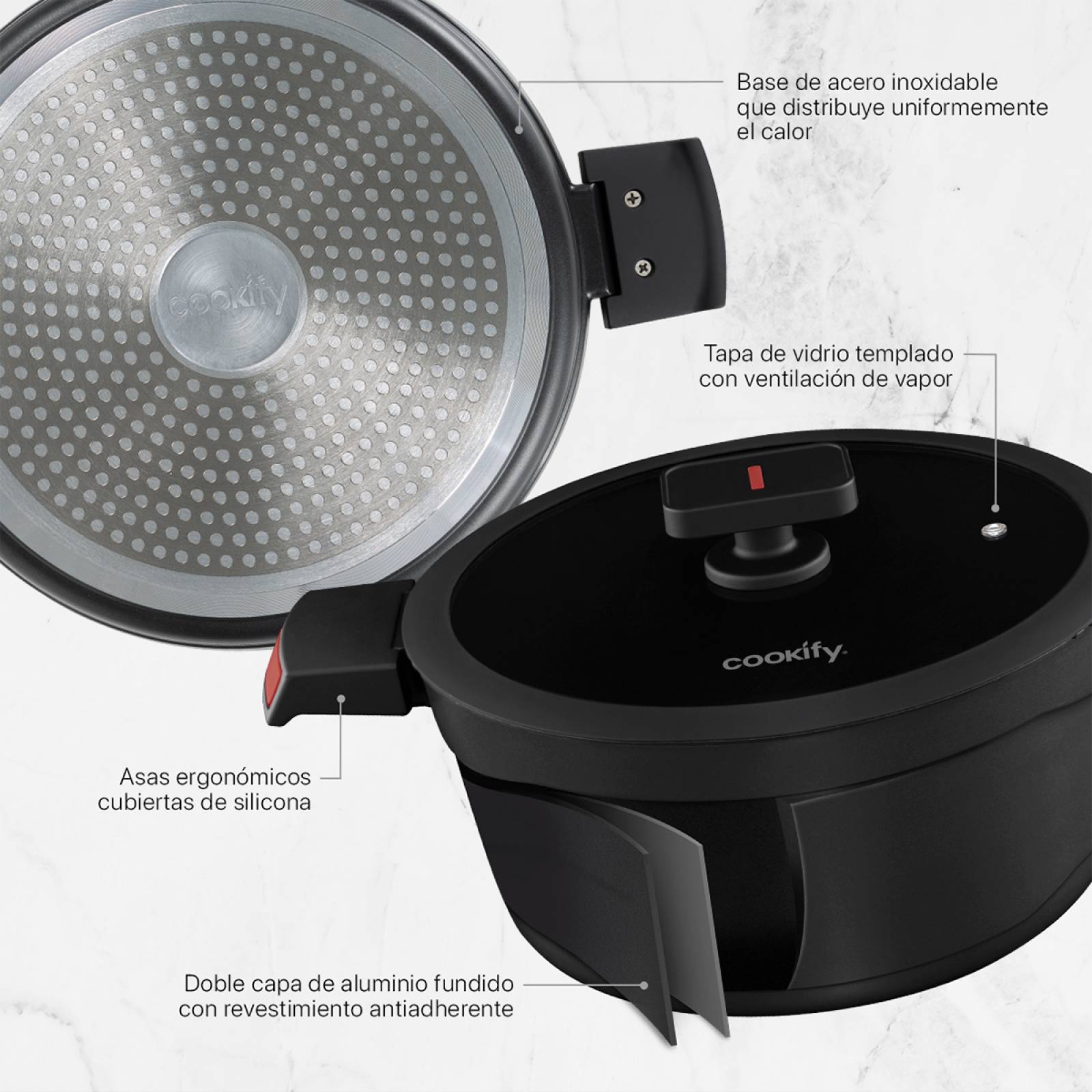 Olla Cacerola Antiadherente Con Tapa 24 cm Aluminio Fundido Negro Cookify