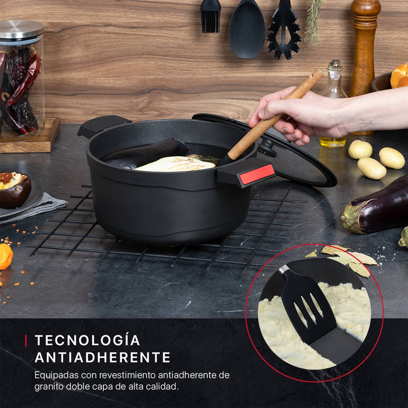 Olla Cacerola Antiadherente Con Tapa 24 cm Aluminio Fundido Negro Cookify