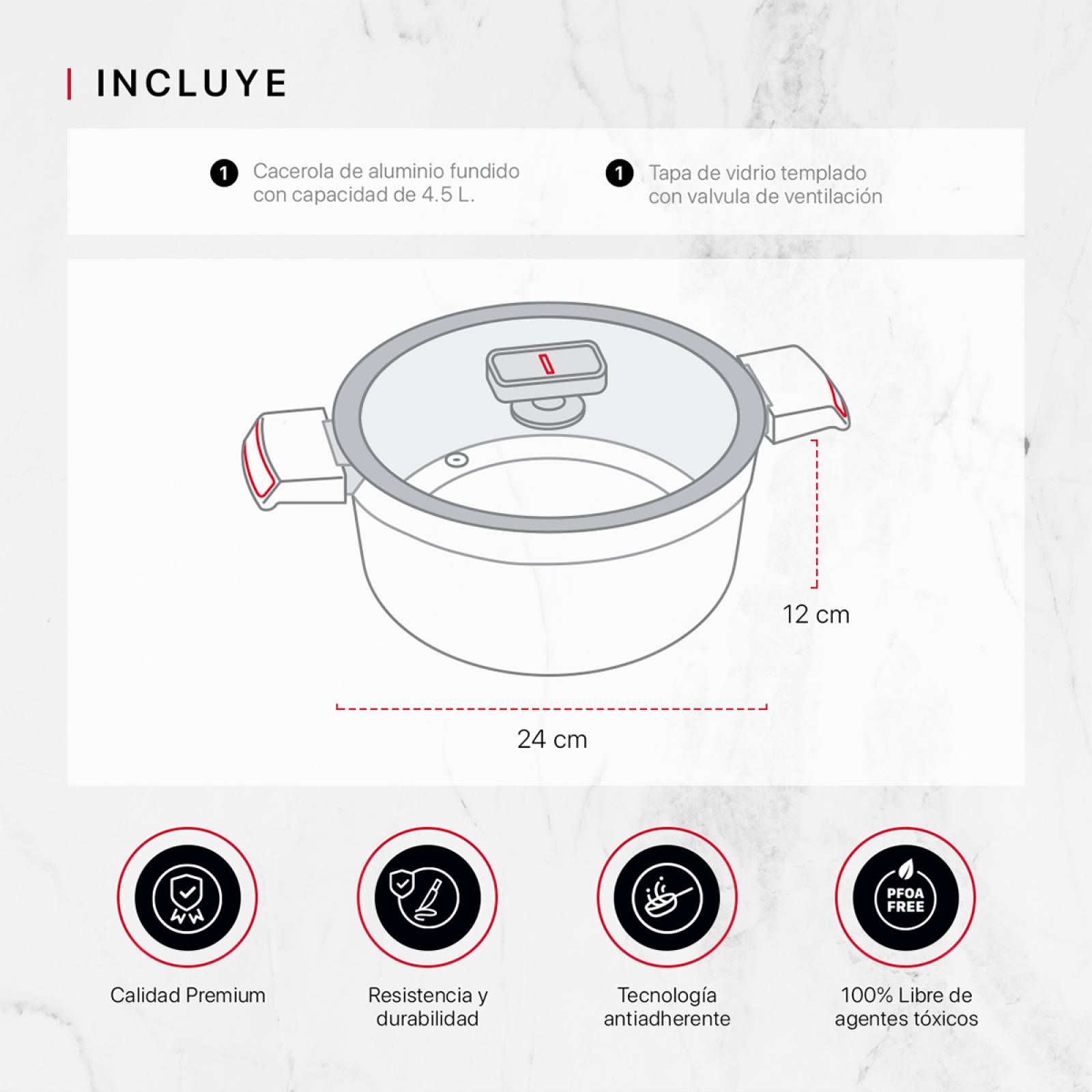 Olla Cacerola Antiadherente Con Tapa 24 cm Aluminio Fundido Negro Cookify