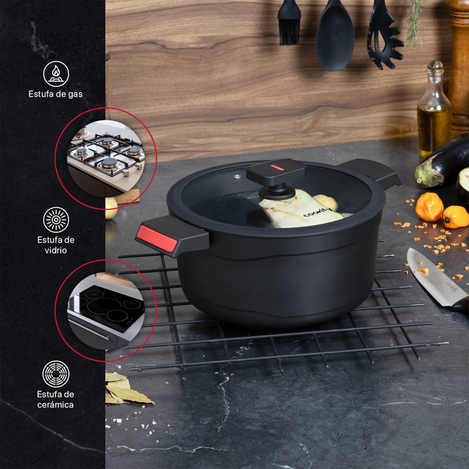 Olla Cacerola Antiadherente Con Tapa 24 cm Aluminio Fundido Negro Cookify