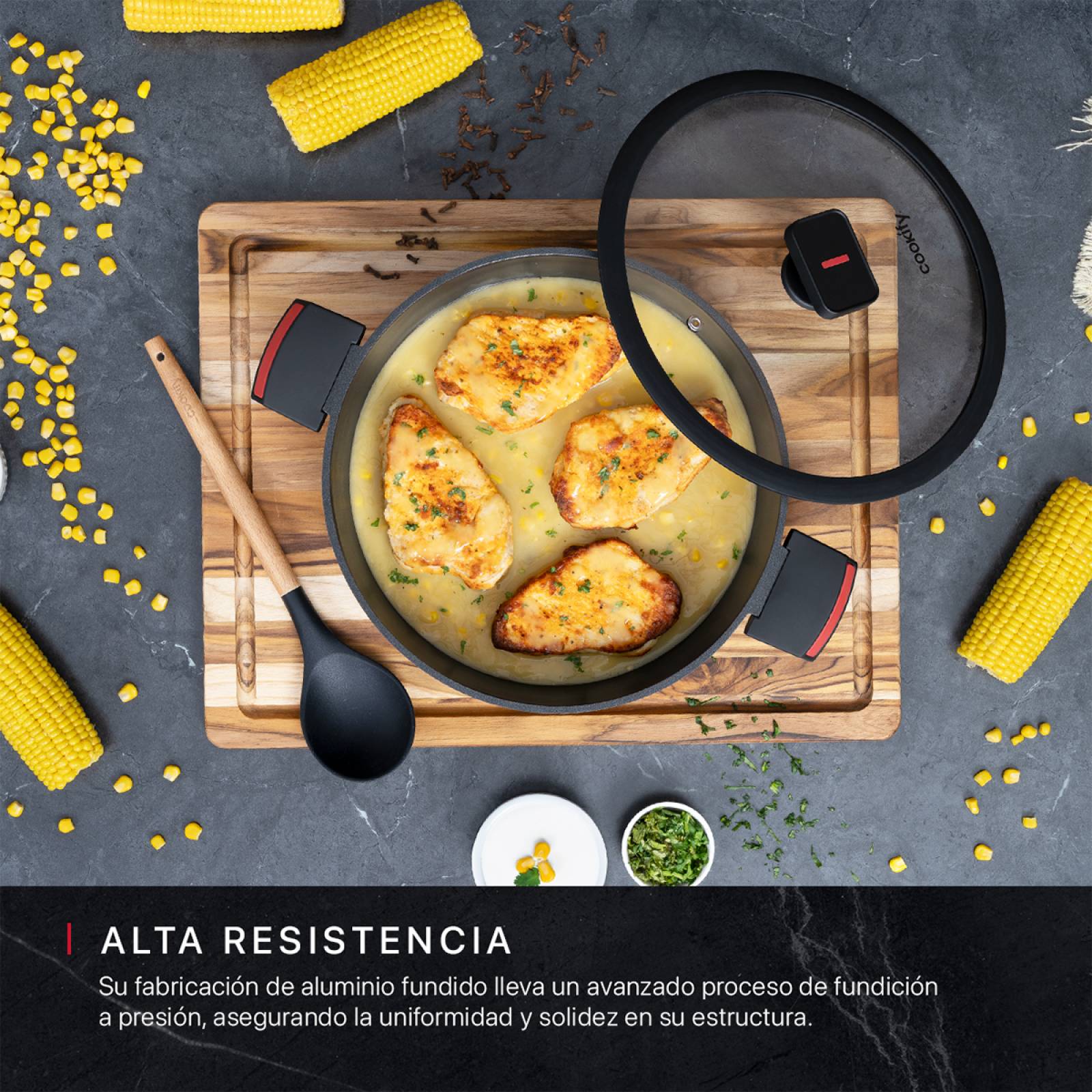 Cacerola Arrocera Antiadherente Con Tapa 28 cm Aluminio Fundido Negro Cookify