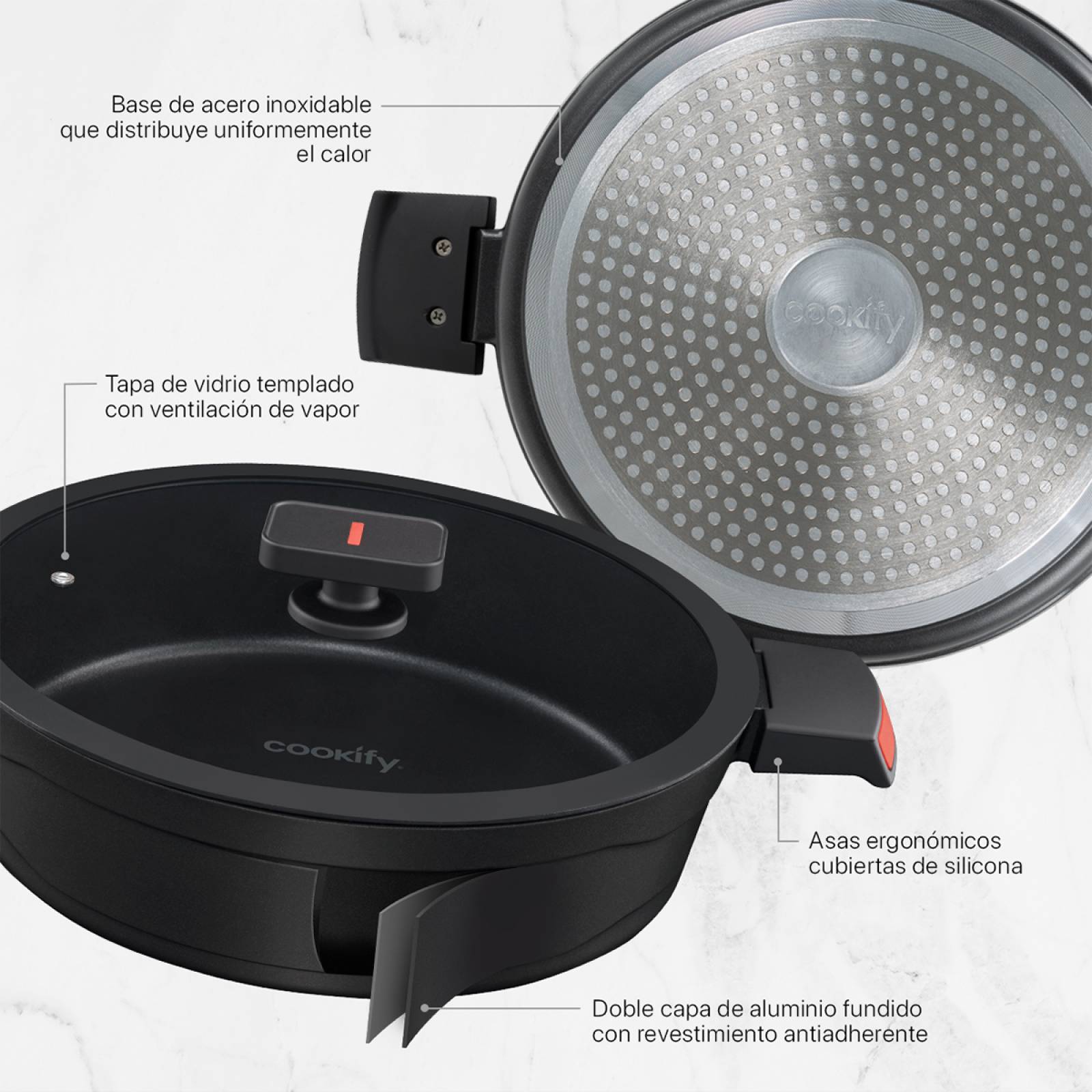 Cacerola Arrocera Antiadherente Con Tapa 28 cm Aluminio Fundido Negro Cookify