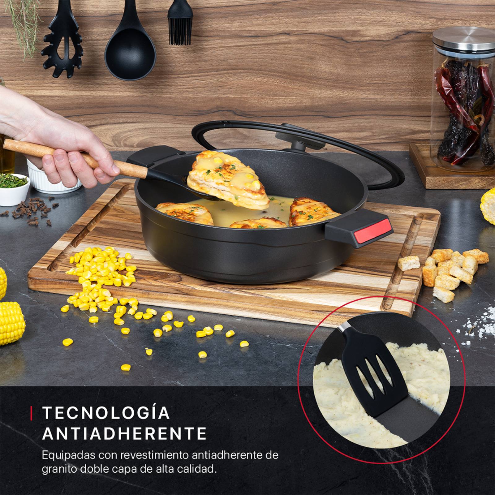 Cacerola Arrocera Antiadherente Con Tapa 28 cm Aluminio Fundido Negro Cookify