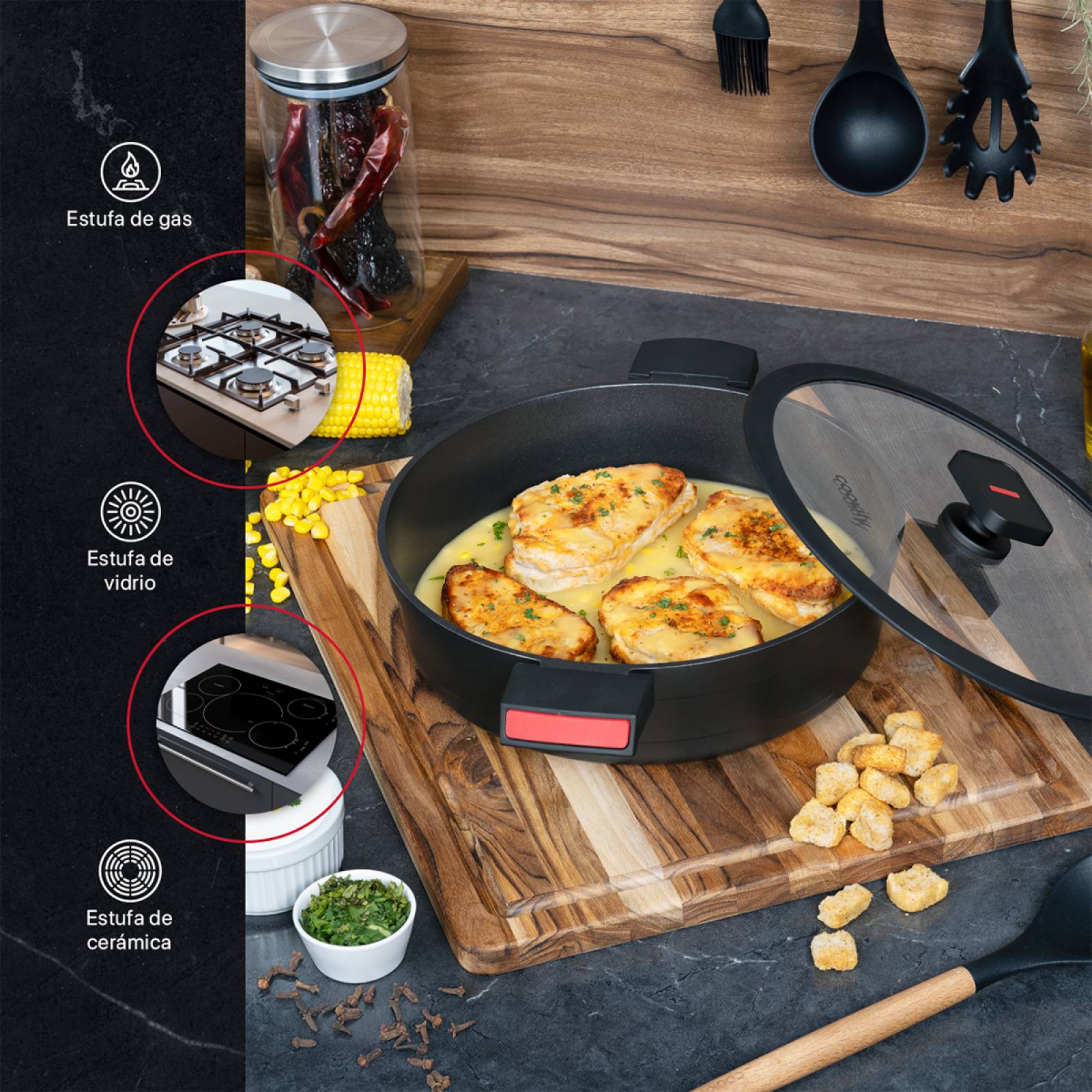 Cacerola Arrocera Antiadherente Con Tapa 28 cm Aluminio Fundido Negro Cookify