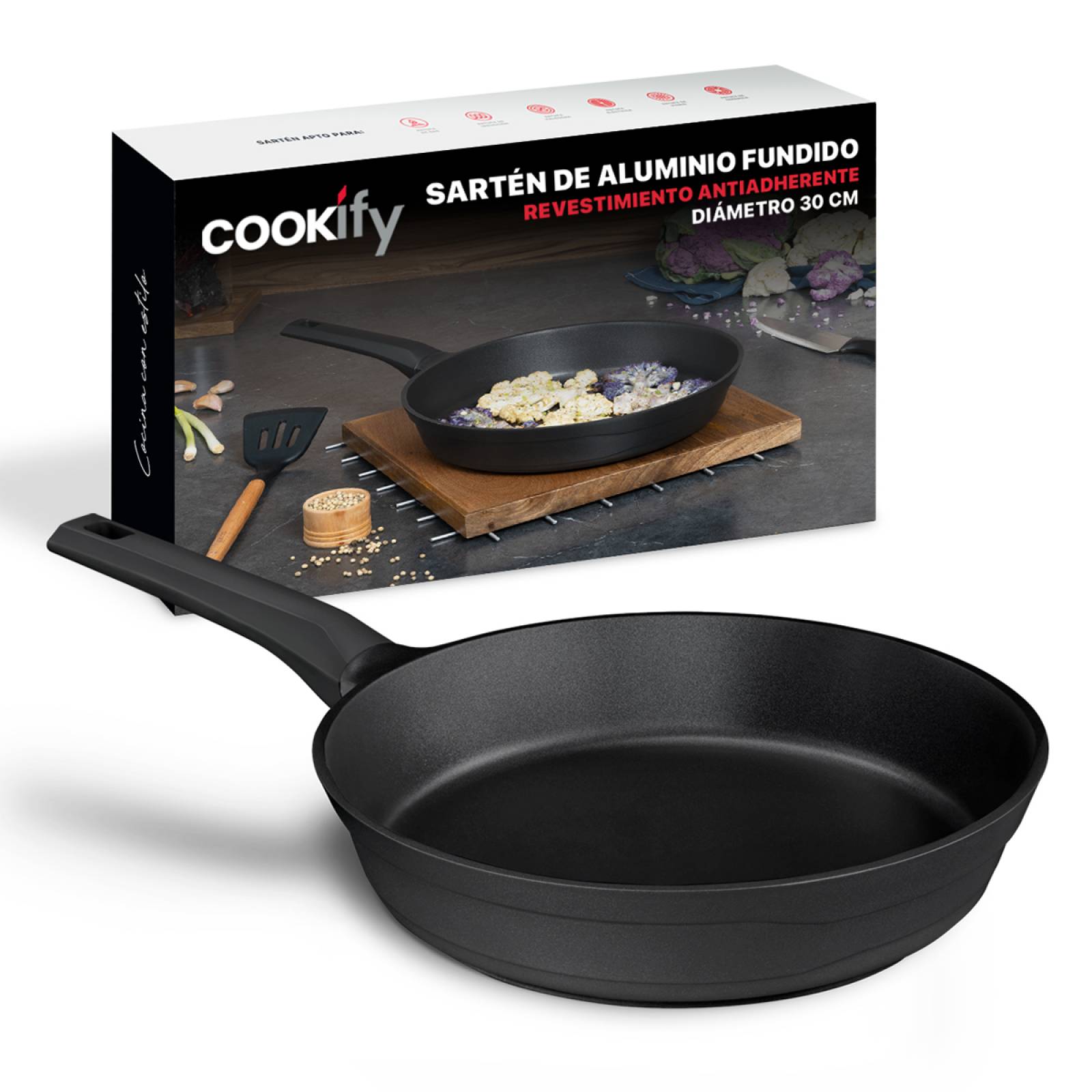 Sartén De Aluminio Fundido Con Antiadherente 30 cm Comal Negro Cookify
