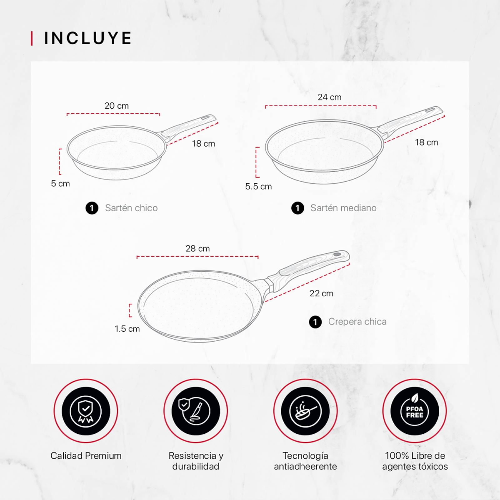 Juego Set 3 Sartenes De Mármol Con Antiadherente 20 - 24 - 28 cm Beige Cookify.