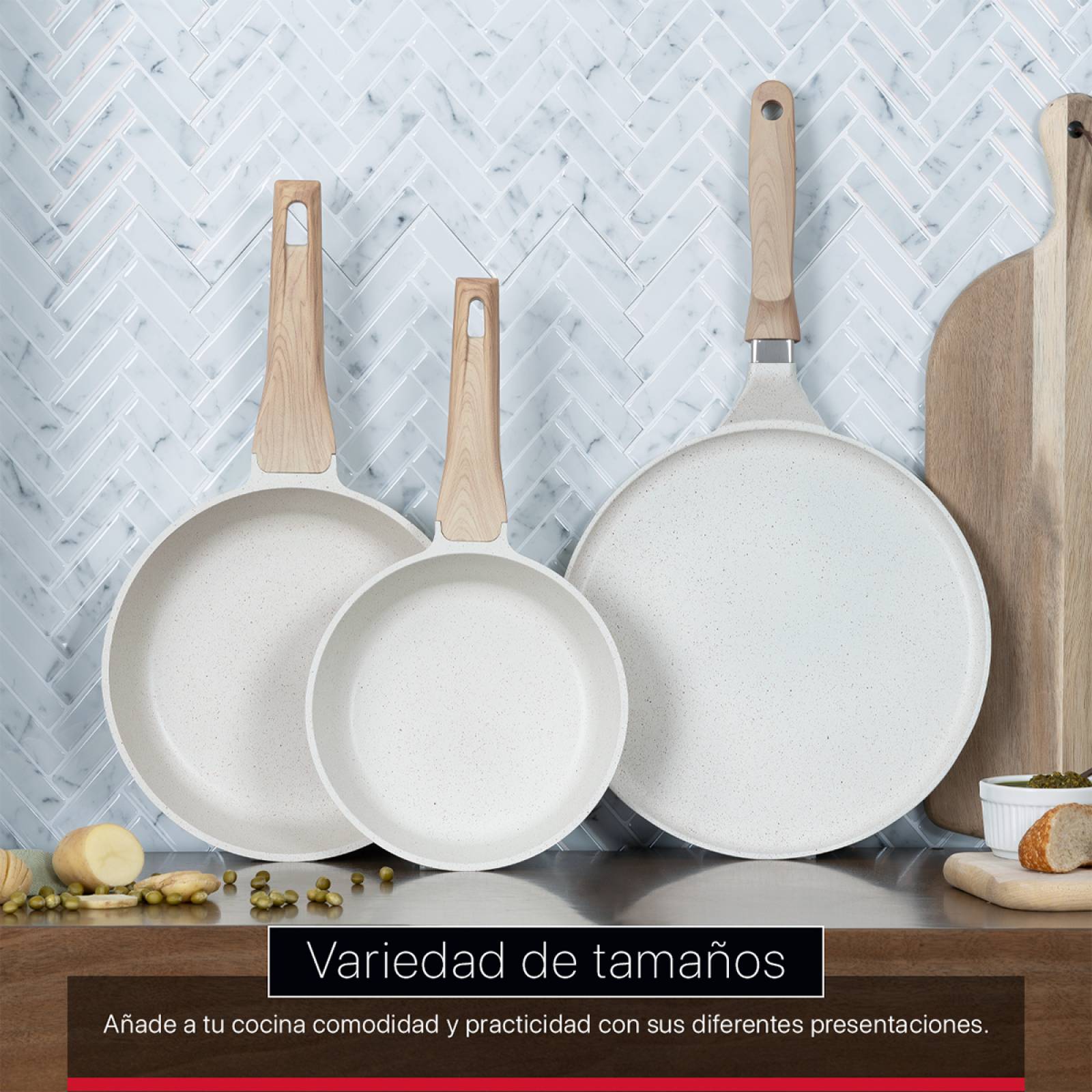 Juego Set 3 Sartenes De Mármol Con Antiadherente 20 - 24 - 28 cm Beige Cookify.