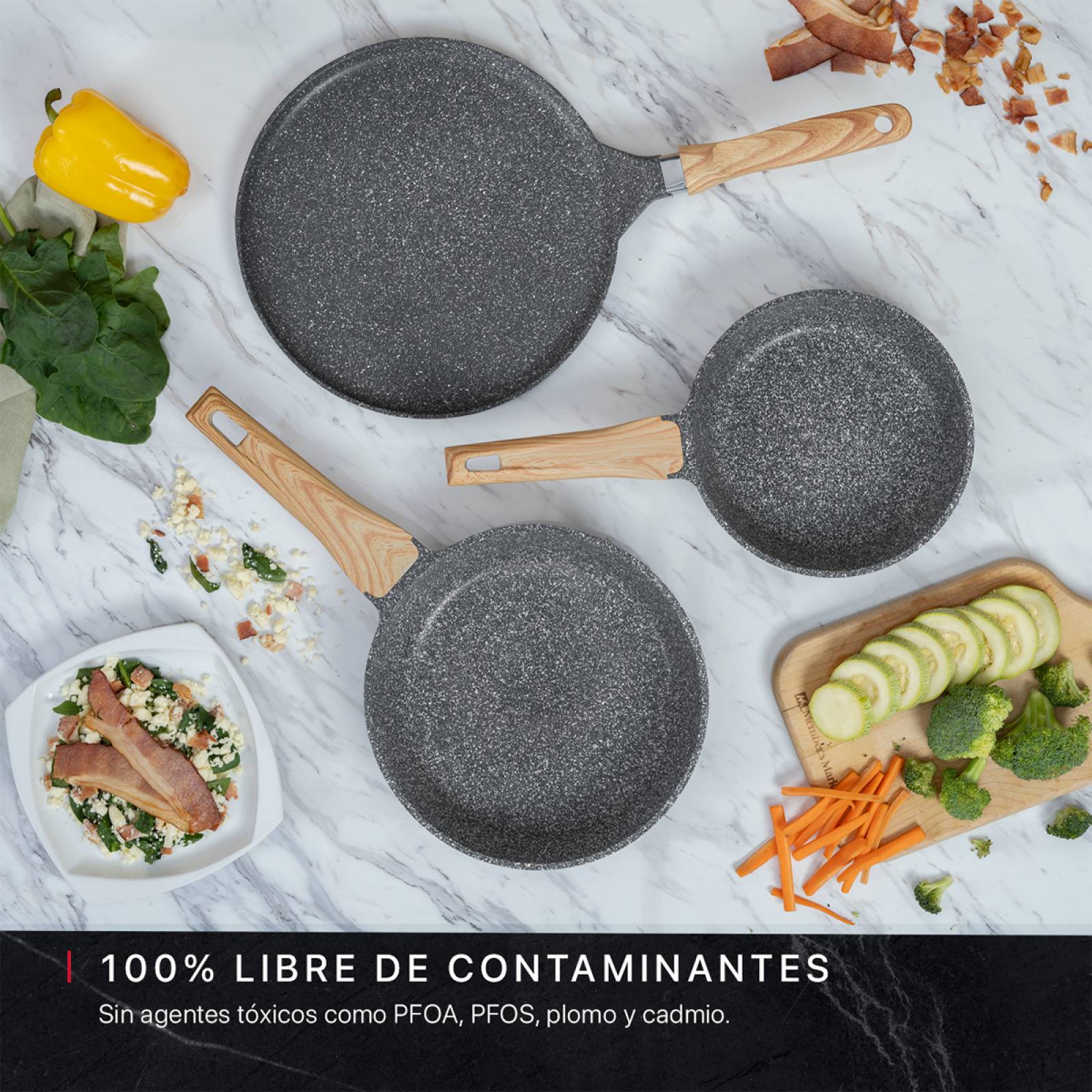 Juego Set 3 Sartenes De Mármol Con Antiadherente 20 - 24 - 28 cm Gris Cookify