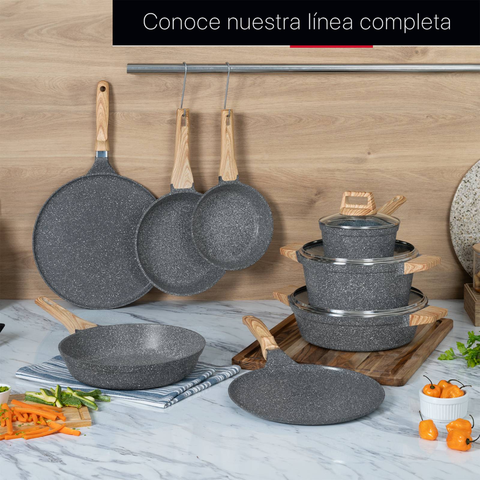 Juego Set 3 Sartenes De Mármol Con Antiadherente 20 - 24 - 28 cm Gris Cookify