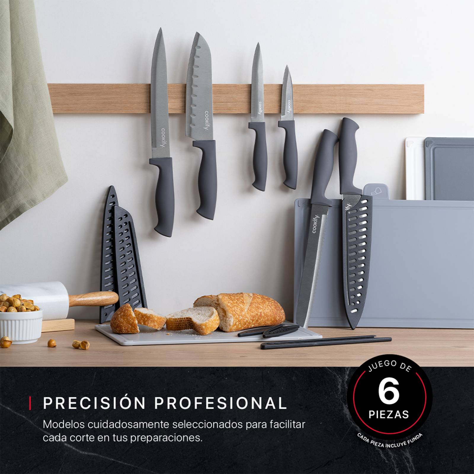 Juego Set de 6 Cuchillos Cocina Acero Inoxidable con Fundas Cookify.