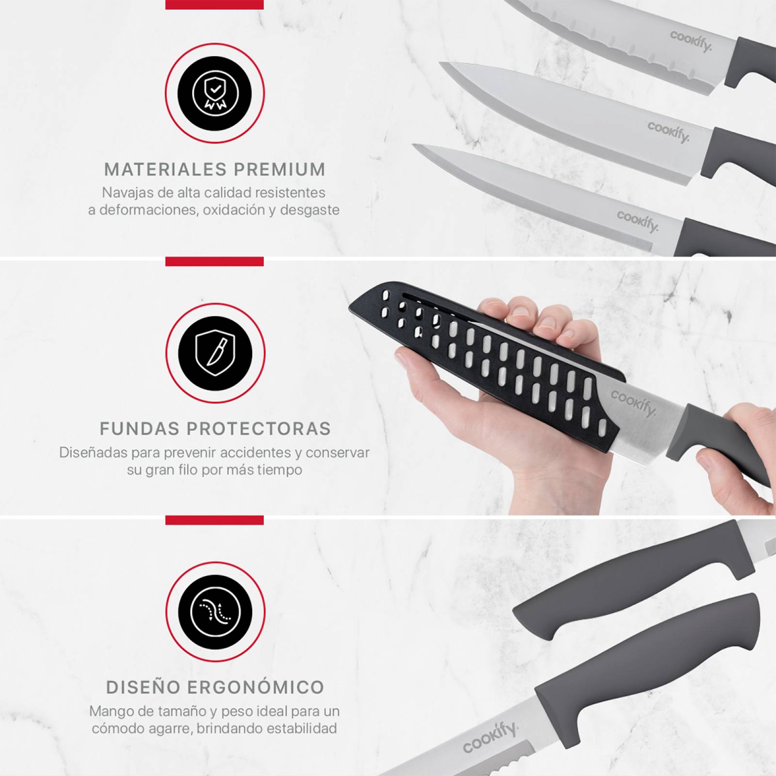 Juego Set de 6 Cuchillos Cocina Acero Inoxidable con Fundas Cookify.