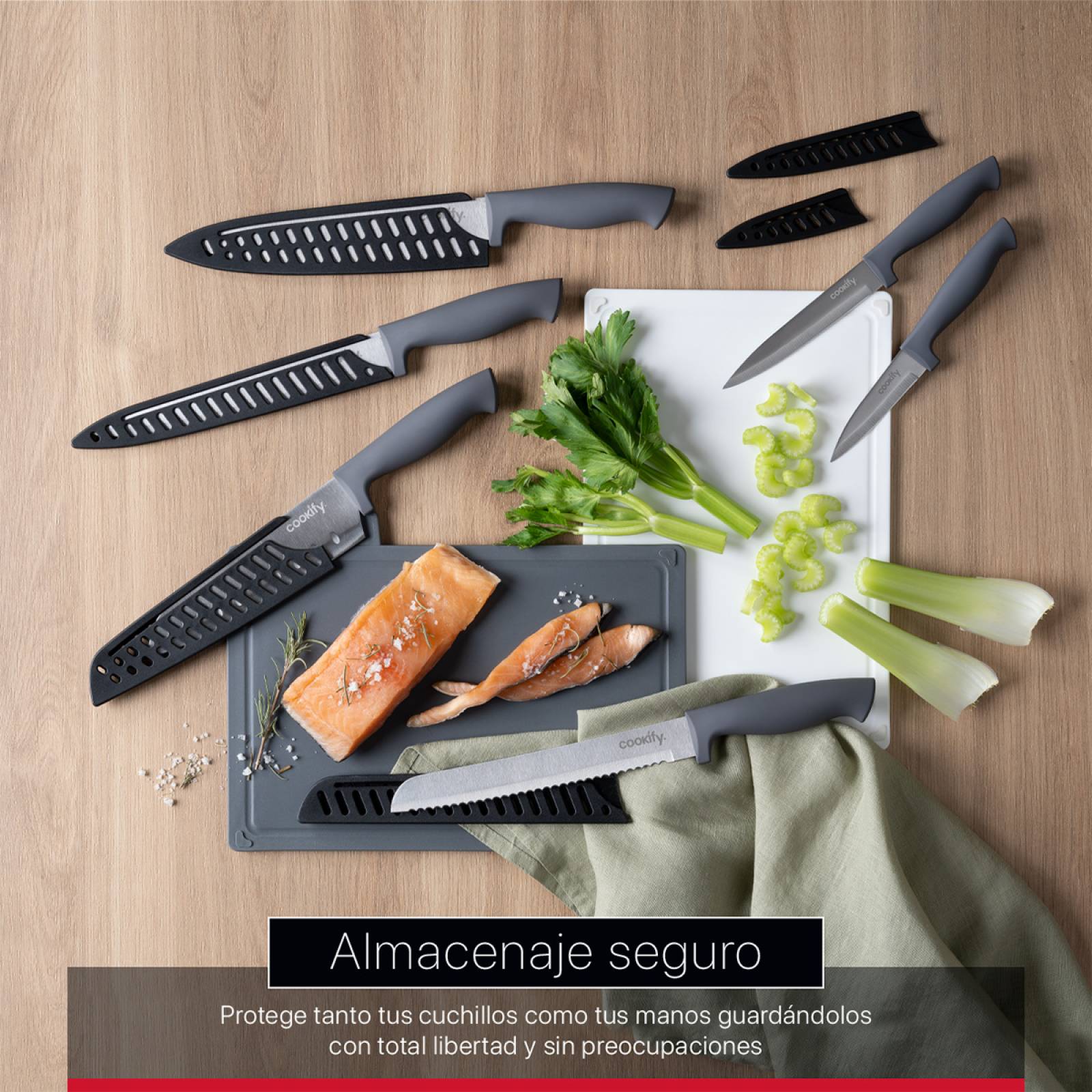 Juego Set de 6 Cuchillos Cocina Acero Inoxidable con Fundas Cookify.