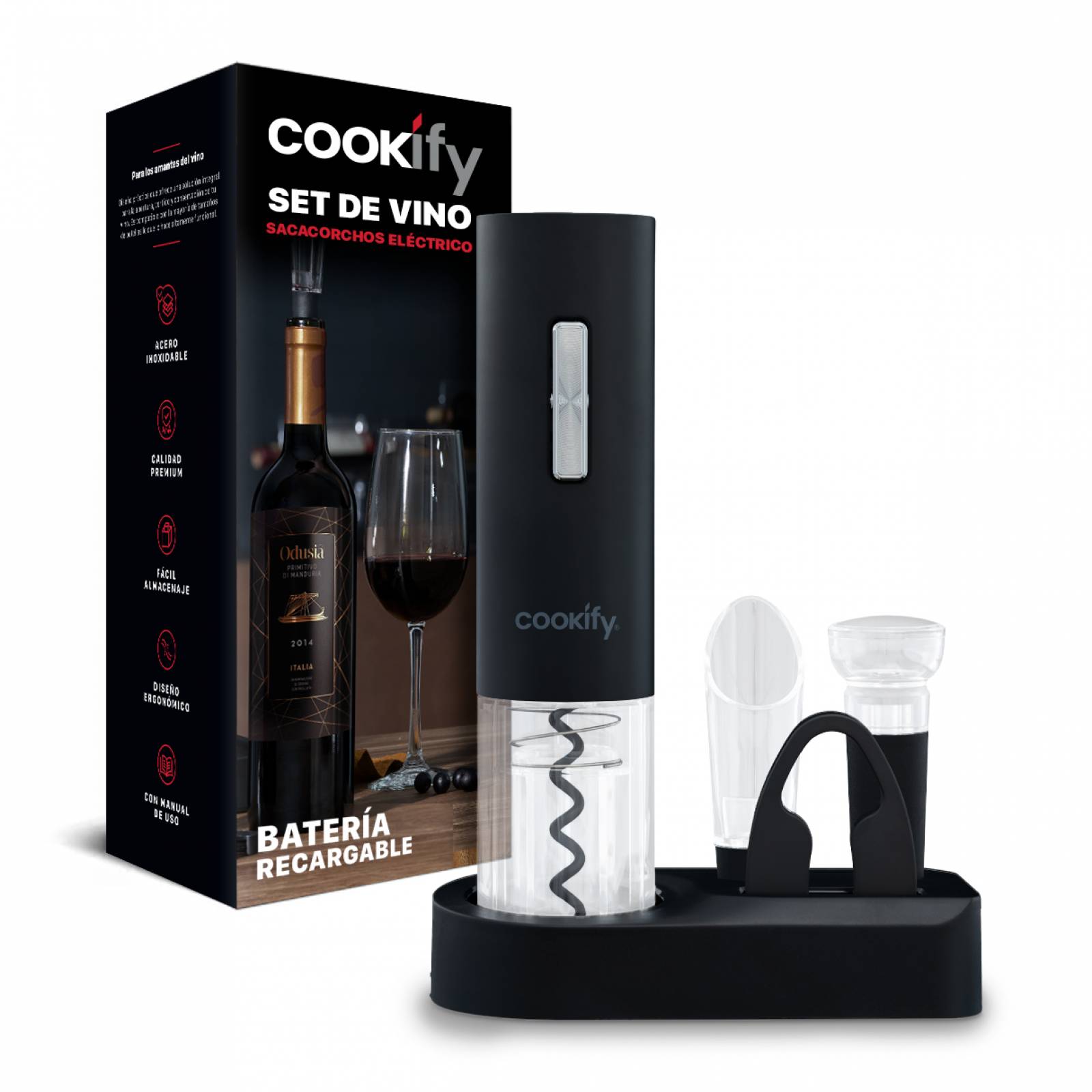 Sacacorchos de Vino Eléctrico Recargable 4 En 1 Destapador para Botellas Cookify