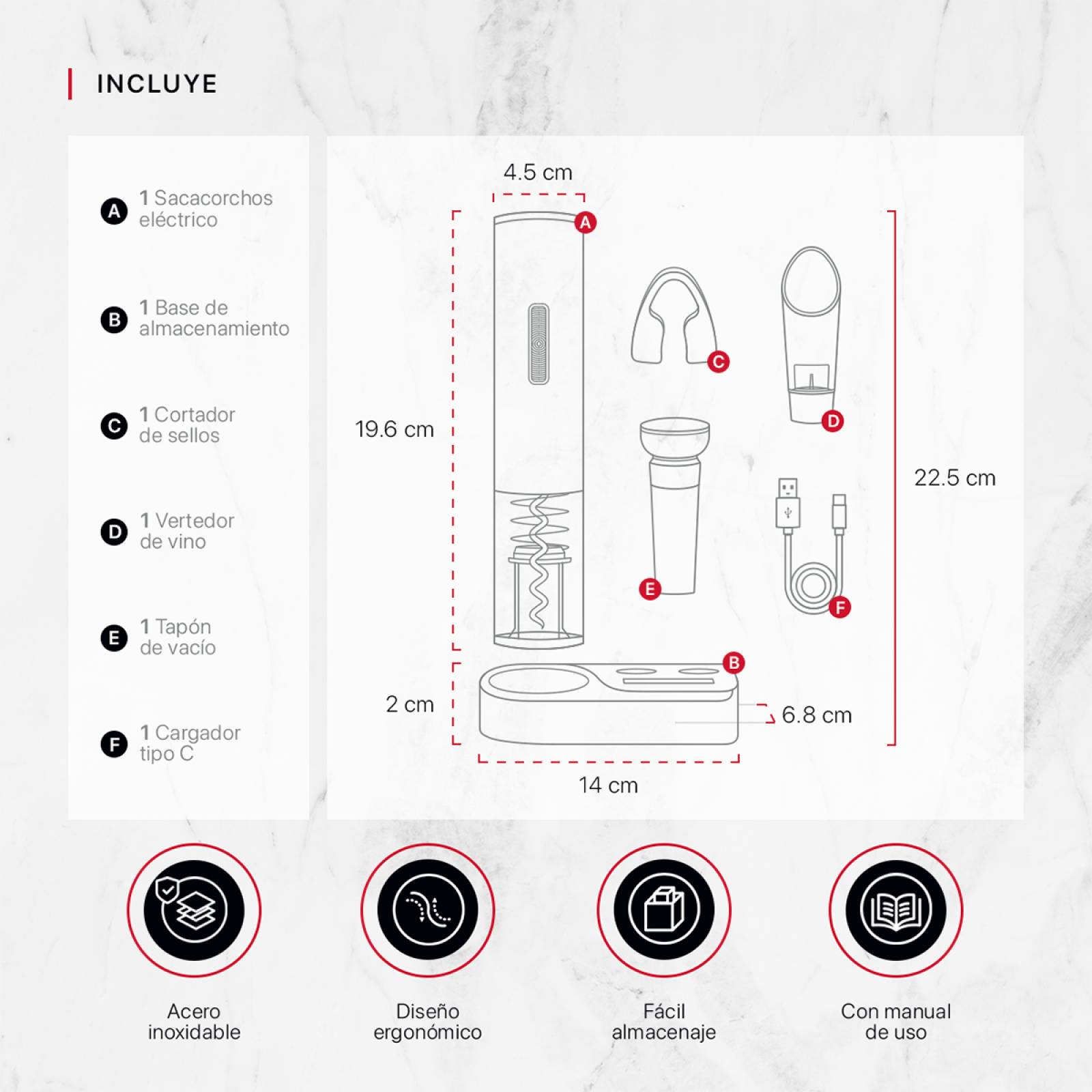 Sacacorchos de Vino Eléctrico Recargable 4 En 1 Destapador para Botellas Cookify